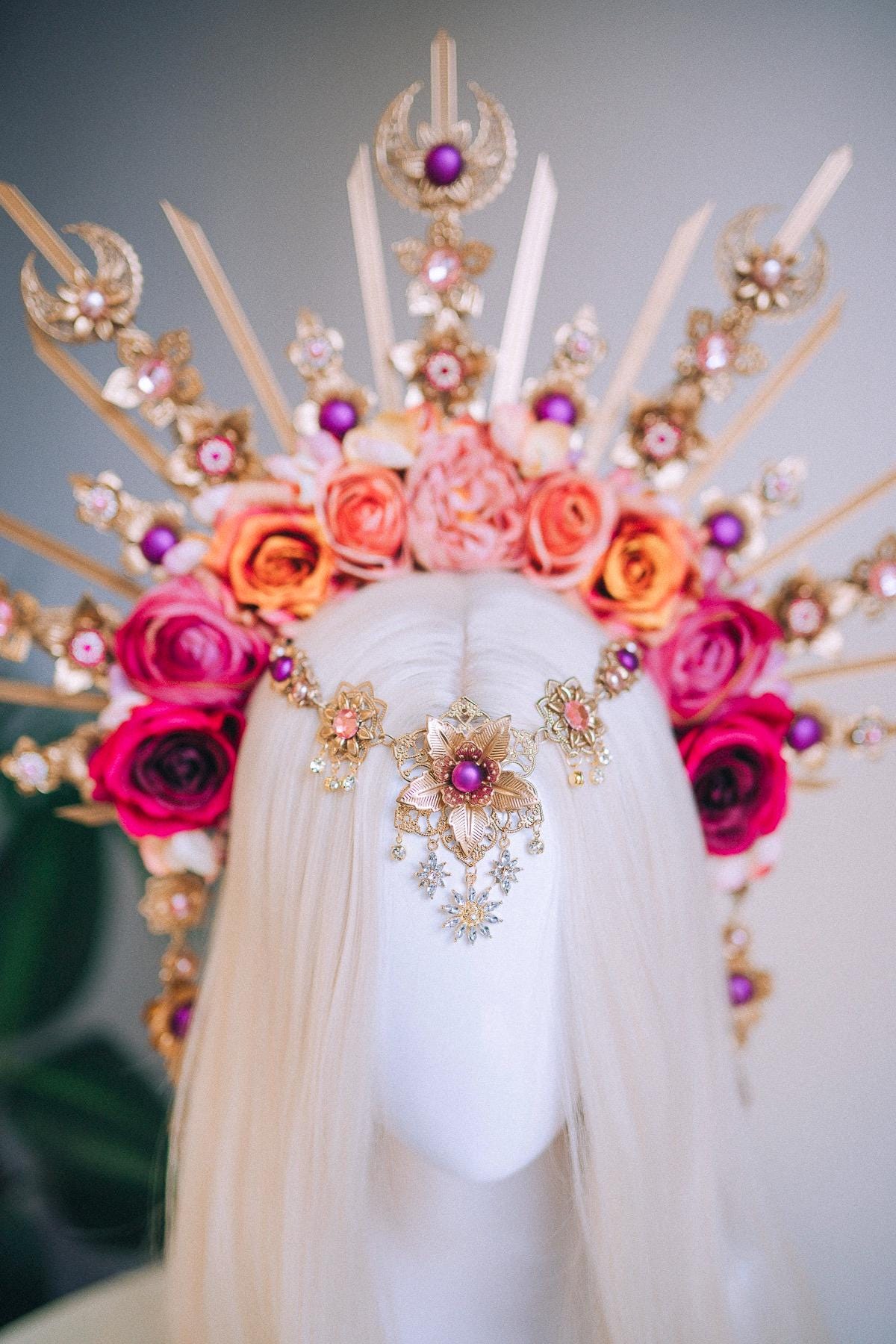 Floral Goddess Halo Crown Gold Pink Roses Celestial Headpiece
