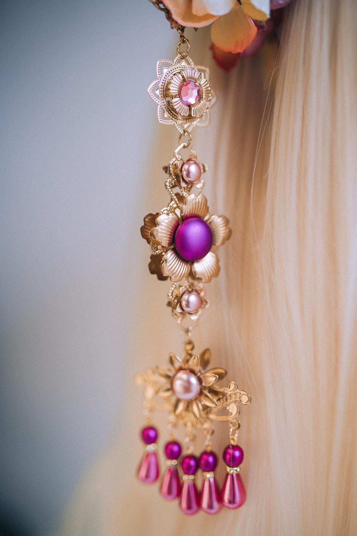 Floral Goddess Halo Crown Gold Pink Roses Celestial Headpiece