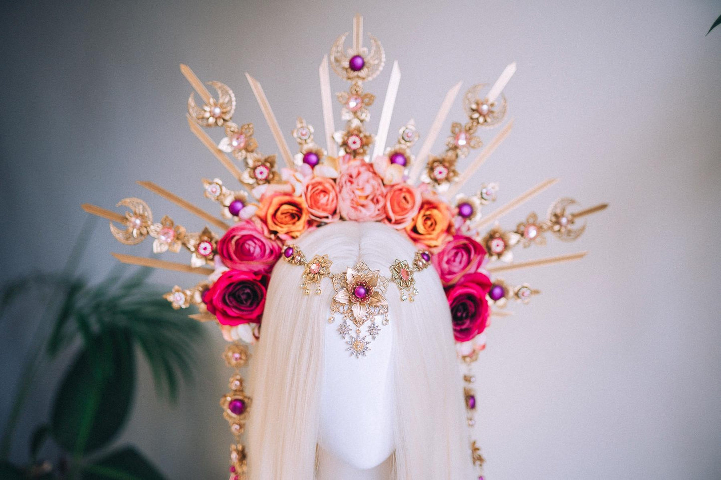 Floral Goddess Halo Crown Gold Pink Roses Celestial Headpiece