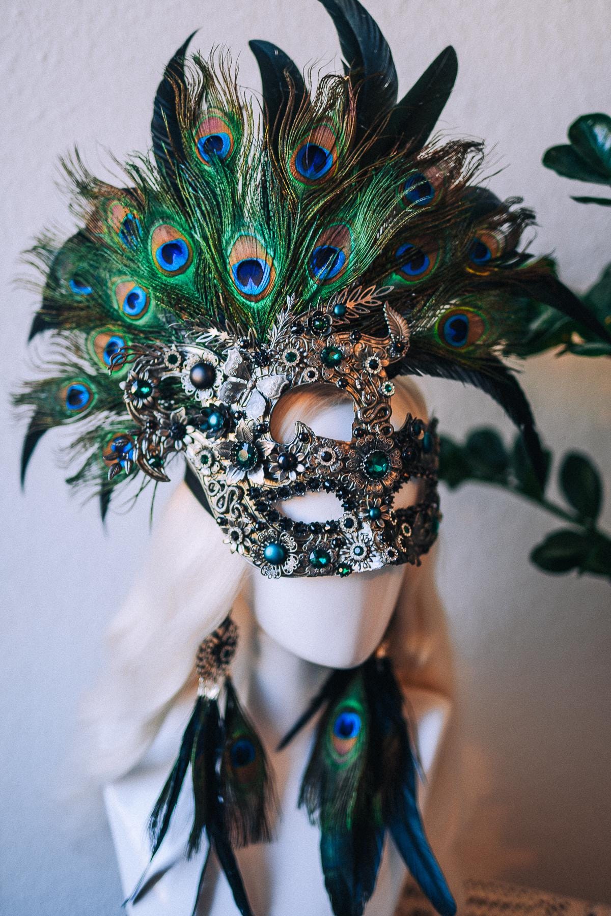 Silver Peacock Masquerade Mask Dark Baroque Goddess Headpiece