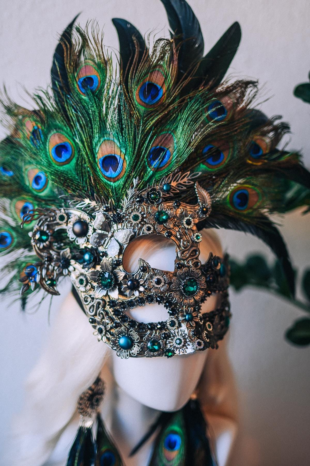 Silver Peacock Masquerade Mask Dark Baroque Goddess Headpiece