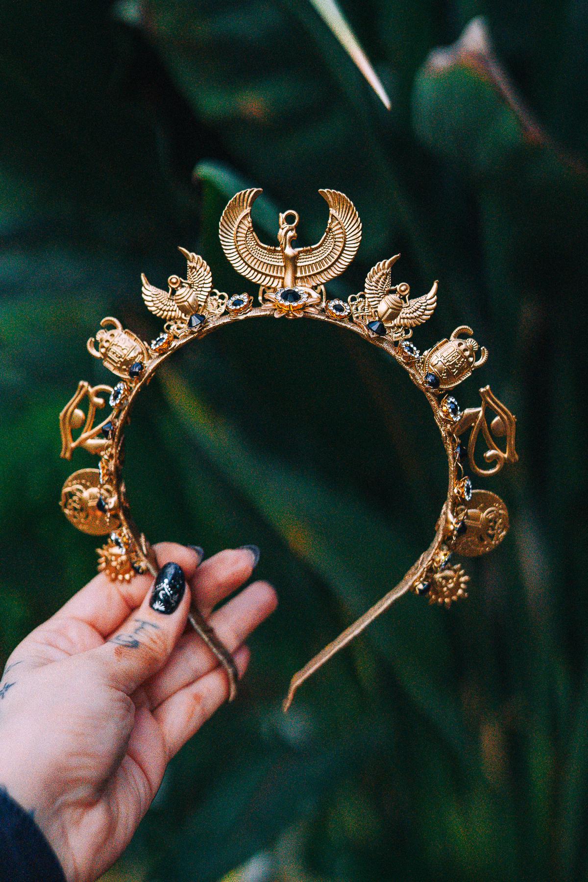 Cleopatra Scarab Halo Crown Egyptian Goddess Headpiece Gold