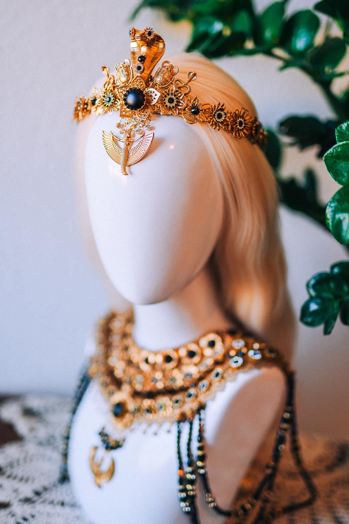 Cleopatra Winged Goddess Tiara Necklace Egyptian Statement Jewelry