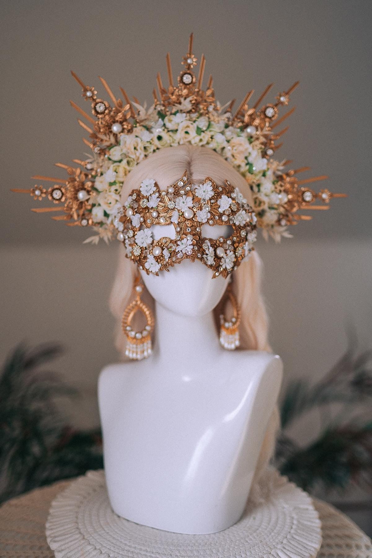 Golden Floral Goddess Masquerade Mask Pearl Crown Inspired
