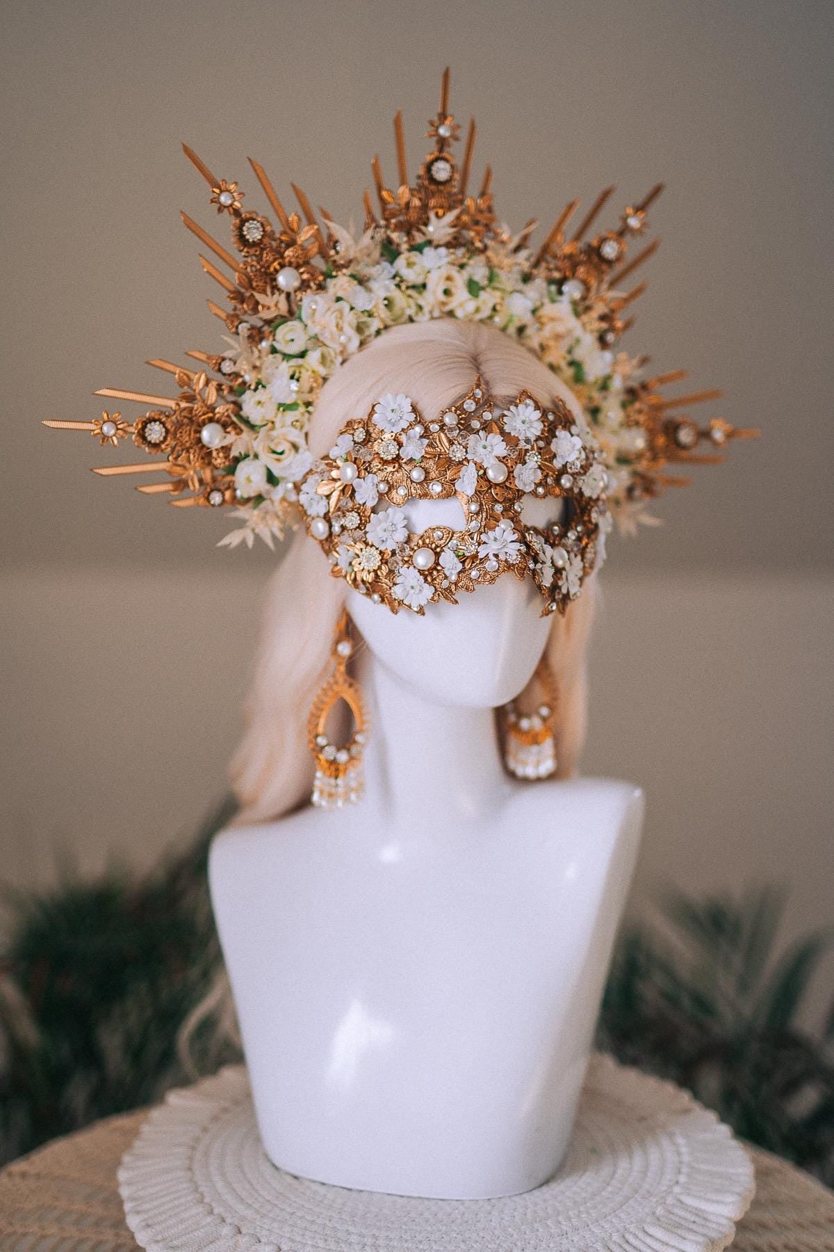 Golden Floral Solar Halo Crown Goddess Bride