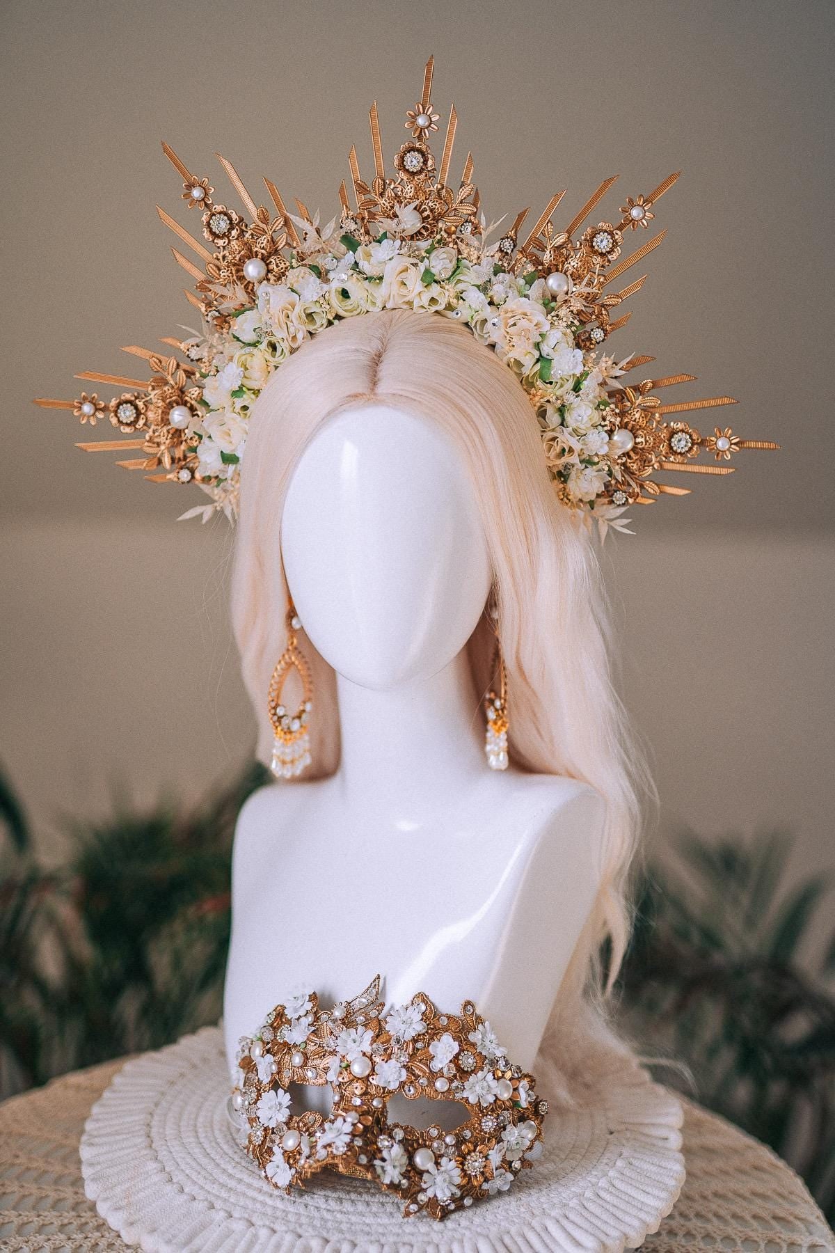 Golden Floral Goddess Masquerade Mask Pearl Crown Inspired
