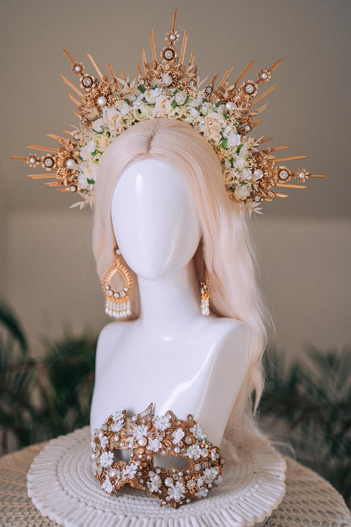 Golden Floral Solar Halo Crown Goddess Bride
