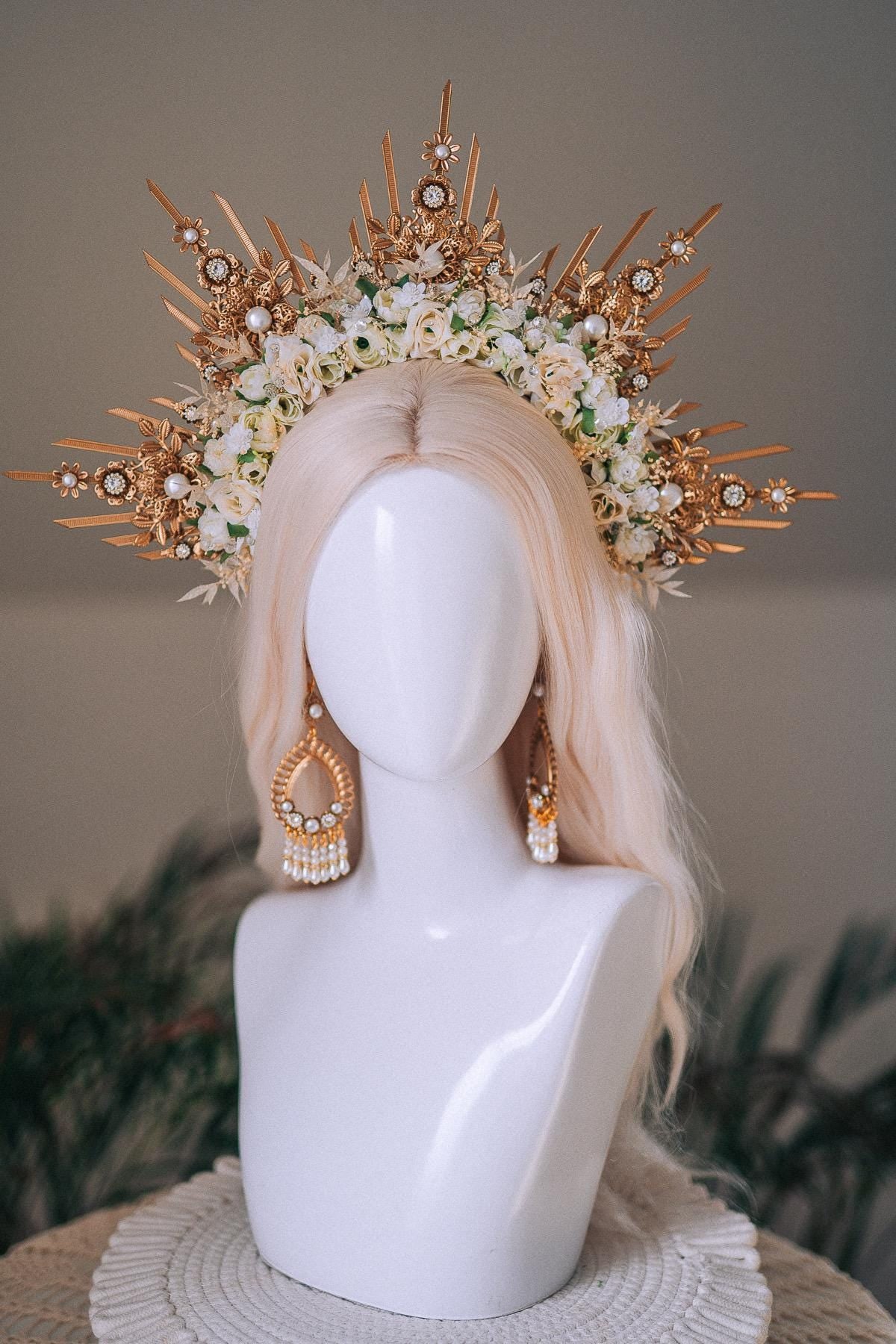 Golden Floral Solar Halo Crown Goddess Bride