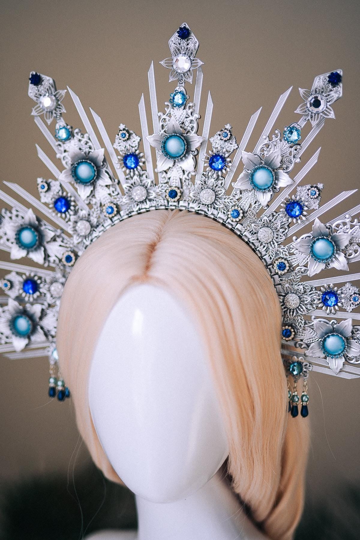 Celestial Bridal Halo Crown Silver Blue Crystal Goddess Headpiece