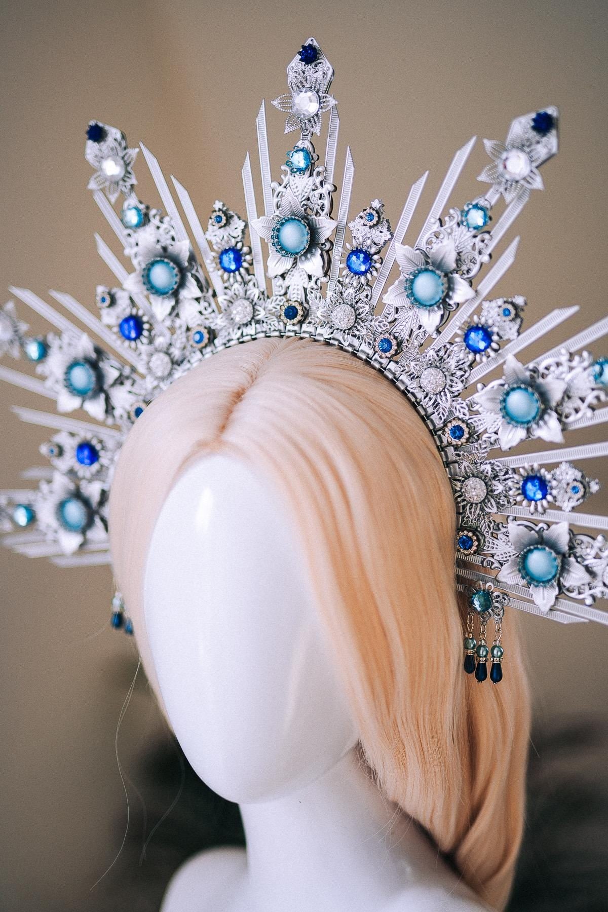Celestial Bridal Halo Crown Silver Blue Crystal Goddess Headpiece