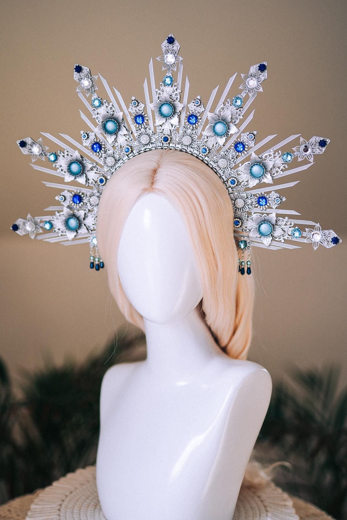 Celestial Bridal Halo Crown Silver Blue Crystal Goddess Headpiece