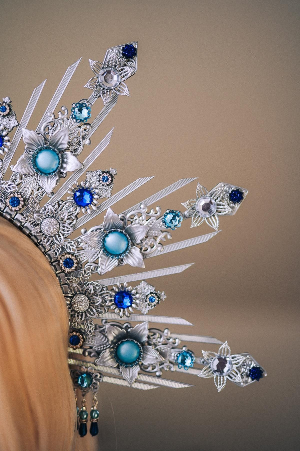 Celestial Bridal Halo Crown Silver Blue Crystal Goddess Headpiece