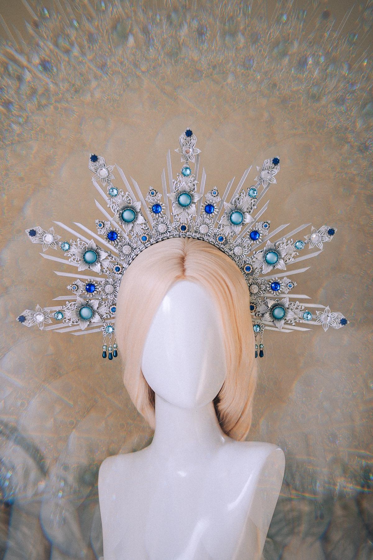 Celestial Bridal Halo Crown Silver Blue Crystal Goddess Headpiece