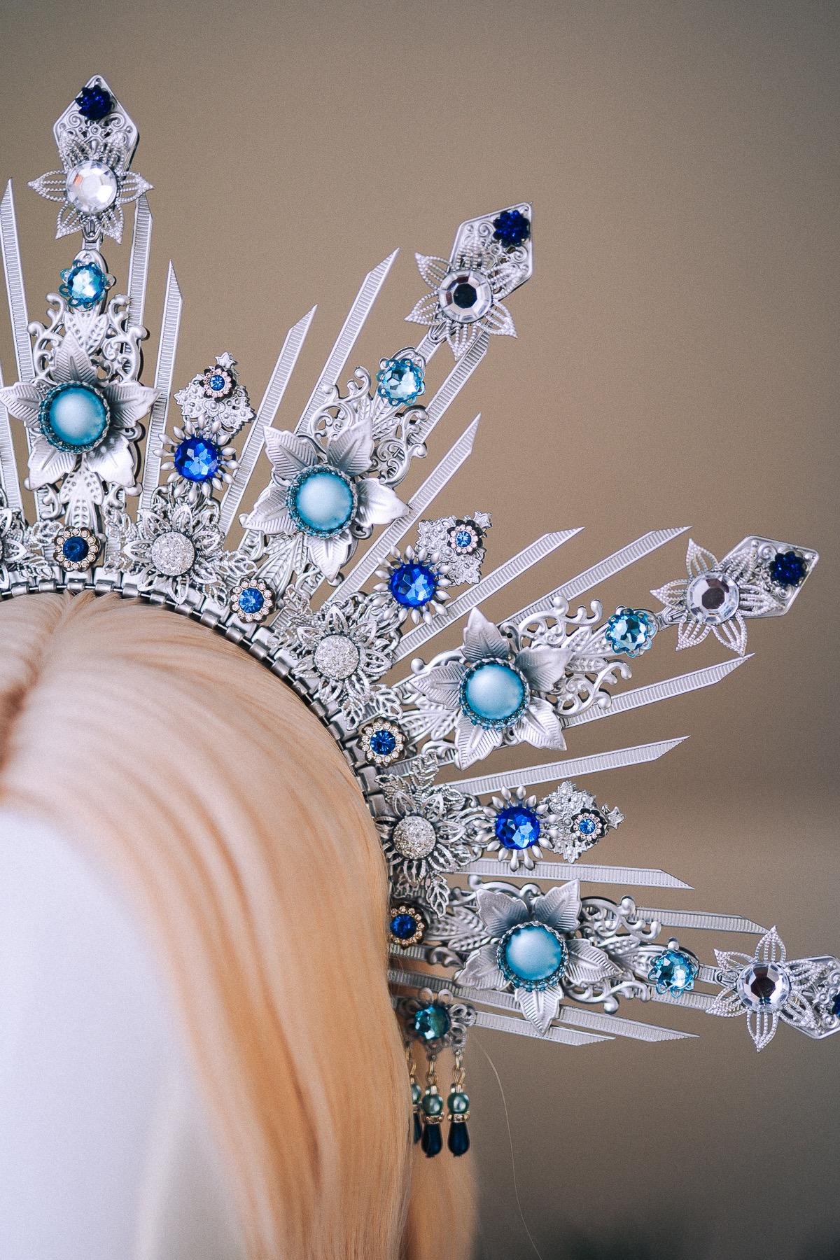 Celestial Bridal Halo Crown Silver Blue Crystal Goddess Headpiece