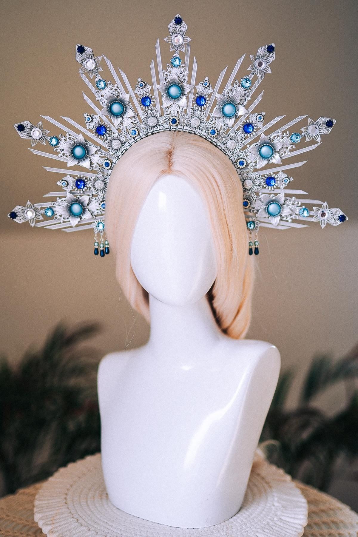 Celestial Bridal Halo Crown Silver Blue Crystal Goddess Headpiece