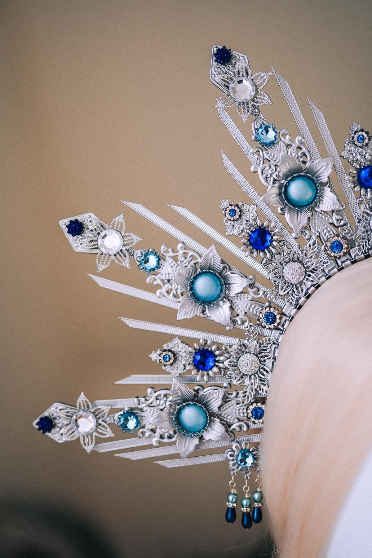 Celestial Bridal Halo Crown Silver Blue Crystal Goddess Headpiece