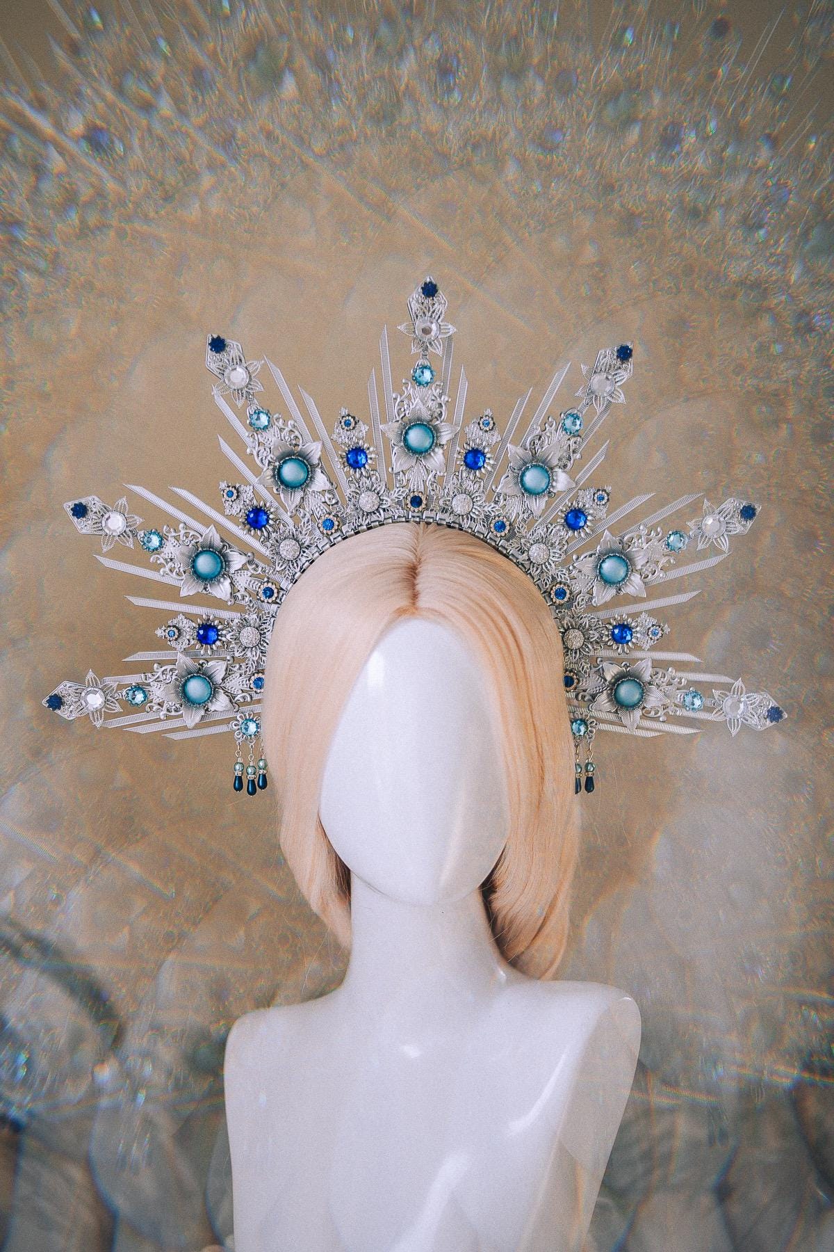 Celestial Bridal Halo Crown Silver Blue Crystal Goddess Headpiece