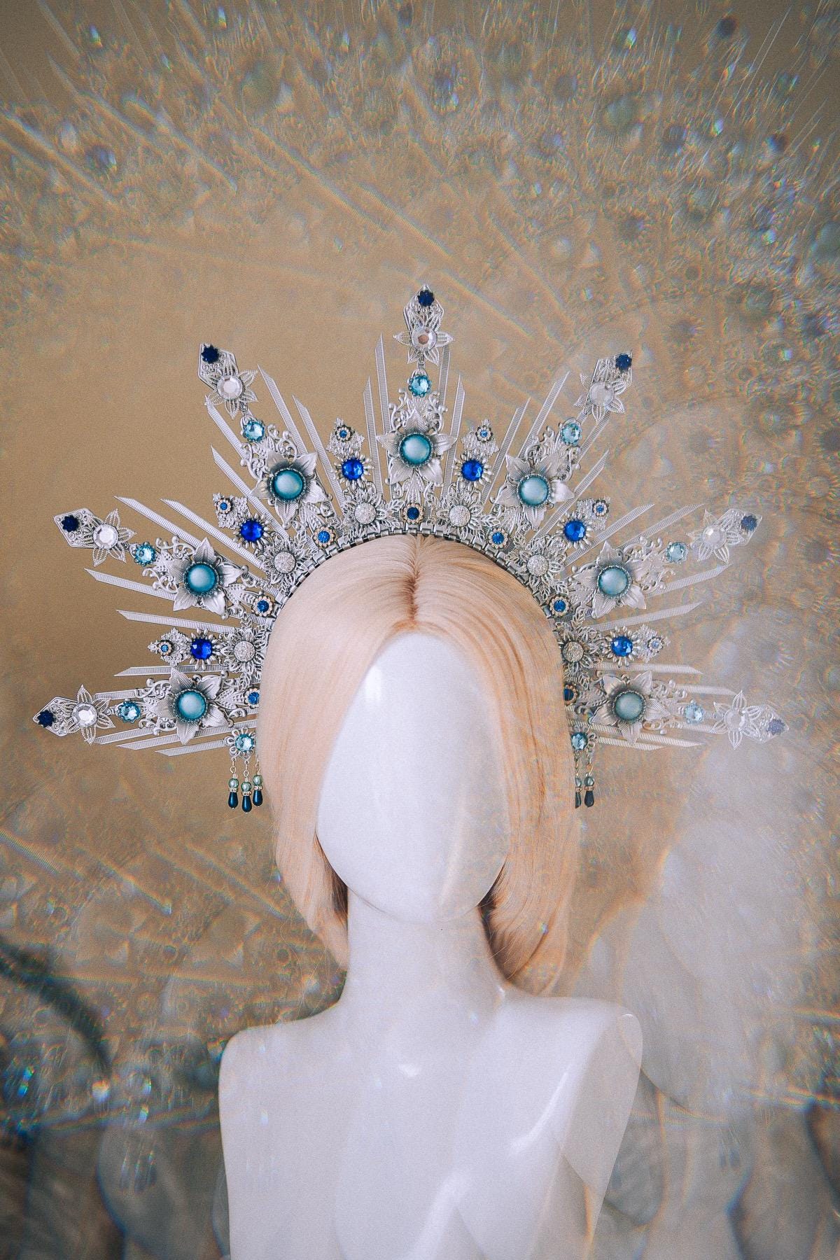 Celestial Bridal Halo Crown Silver Blue Crystal Goddess Headpiece