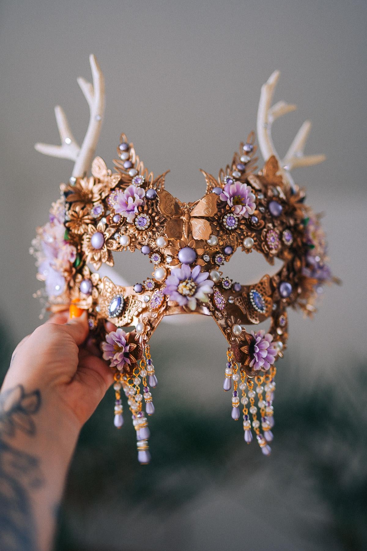 Lavender Deer Goddess Earrings Gold Floral Pearl Drops