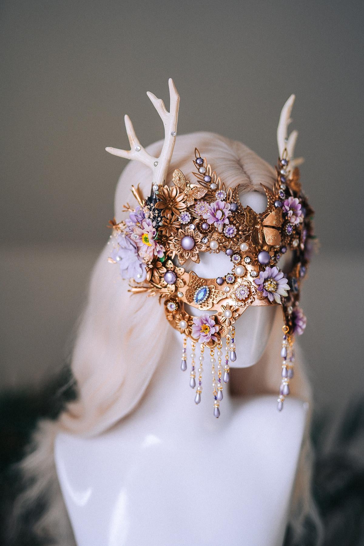 Lavender Deer Goddess Earrings Gold Floral Pearl Drops