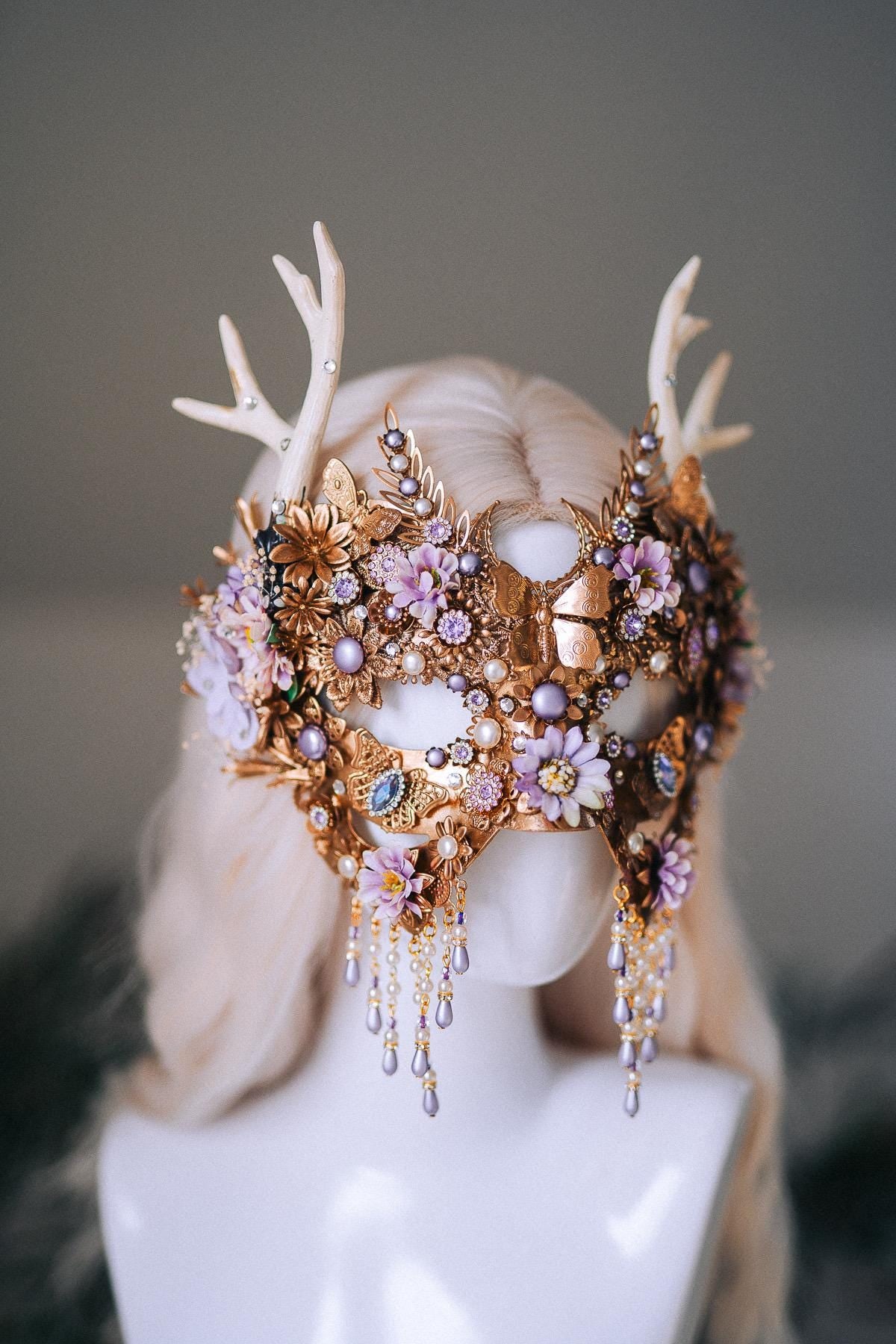 Lavender Deer Goddess Masquerade Mask Gold Floral Antler Headpiece