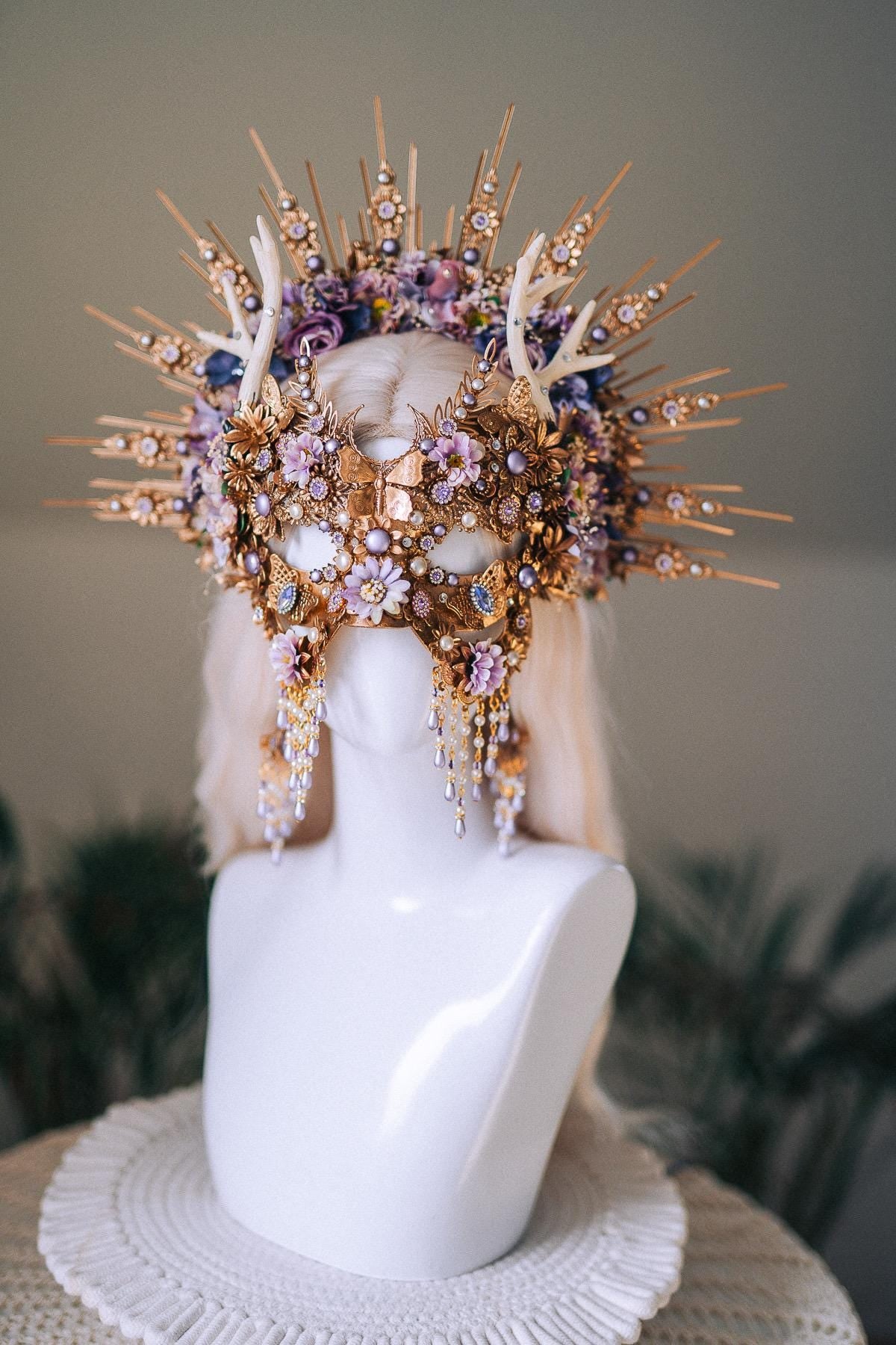 Lavender Deer Goddess Earrings Gold Floral Pearl Drops