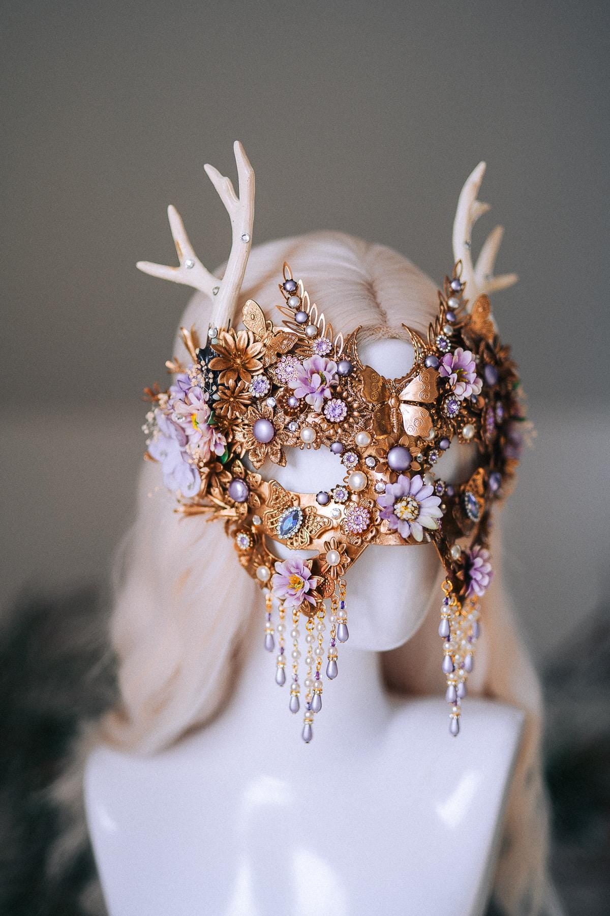Lavender Deer Goddess Masquerade Mask Gold Floral Antler Headpiece