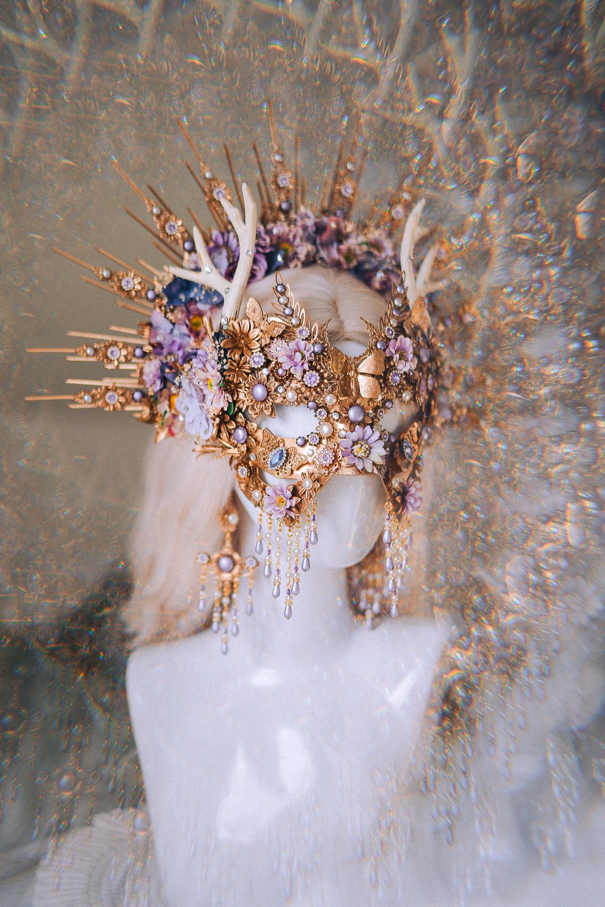 Lavender Deer Goddess Masquerade Mask Gold Floral Antler Headpiece
