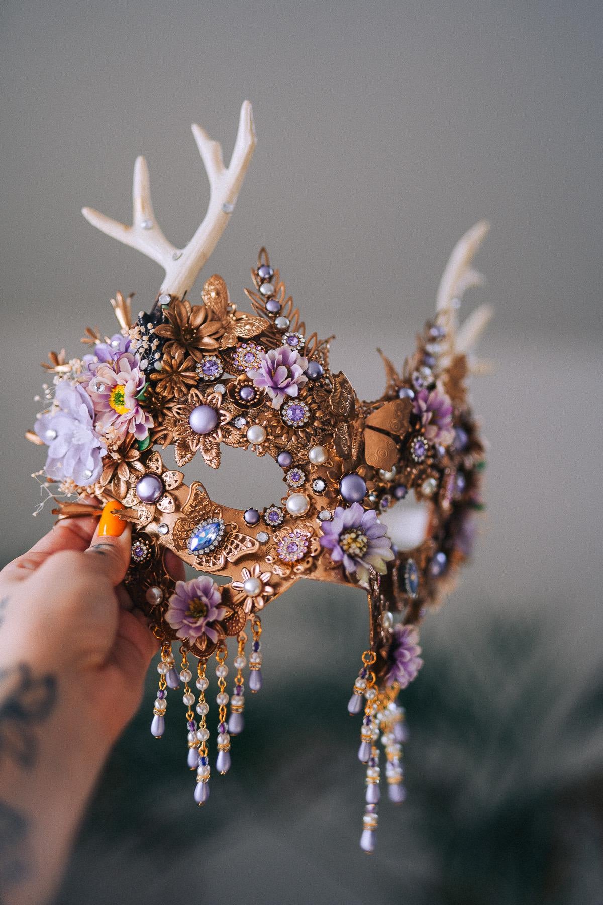 Lavender Deer Goddess Earrings Gold Floral Pearl Drops