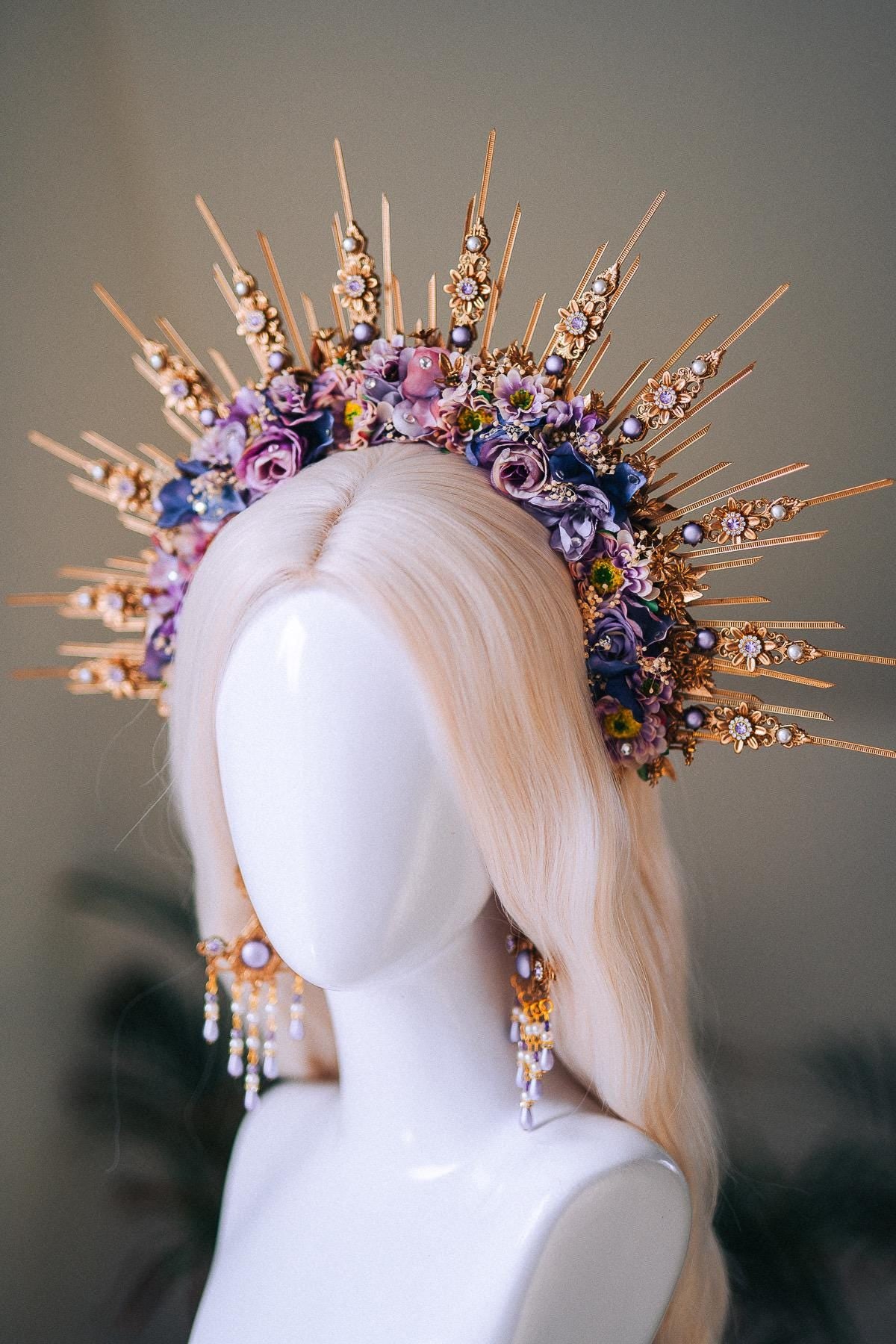 Lavender Deer Goddess Masquerade Mask Gold Floral Antler Headpiece