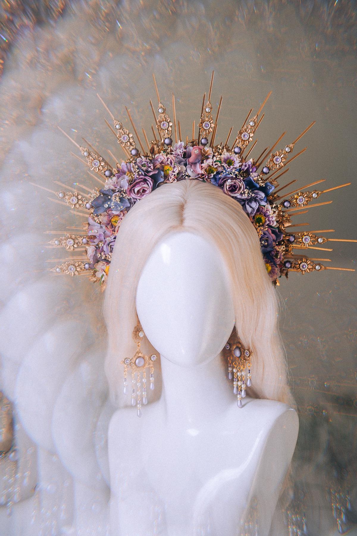 Lavender Deer Goddess Earrings Gold Floral Pearl Drops