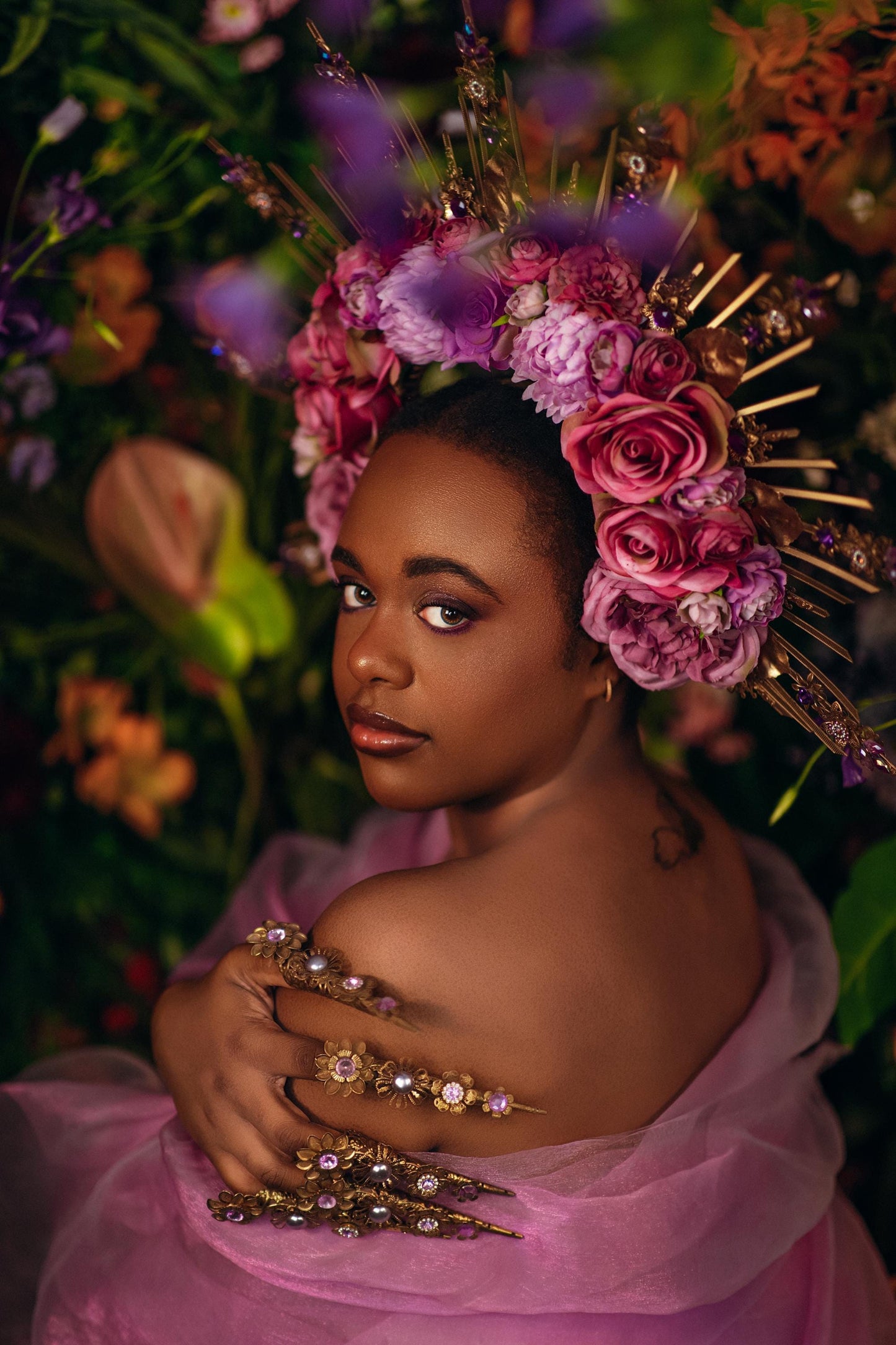 Floral Goddess Halo Crown With Pink Roses Gold Spikes