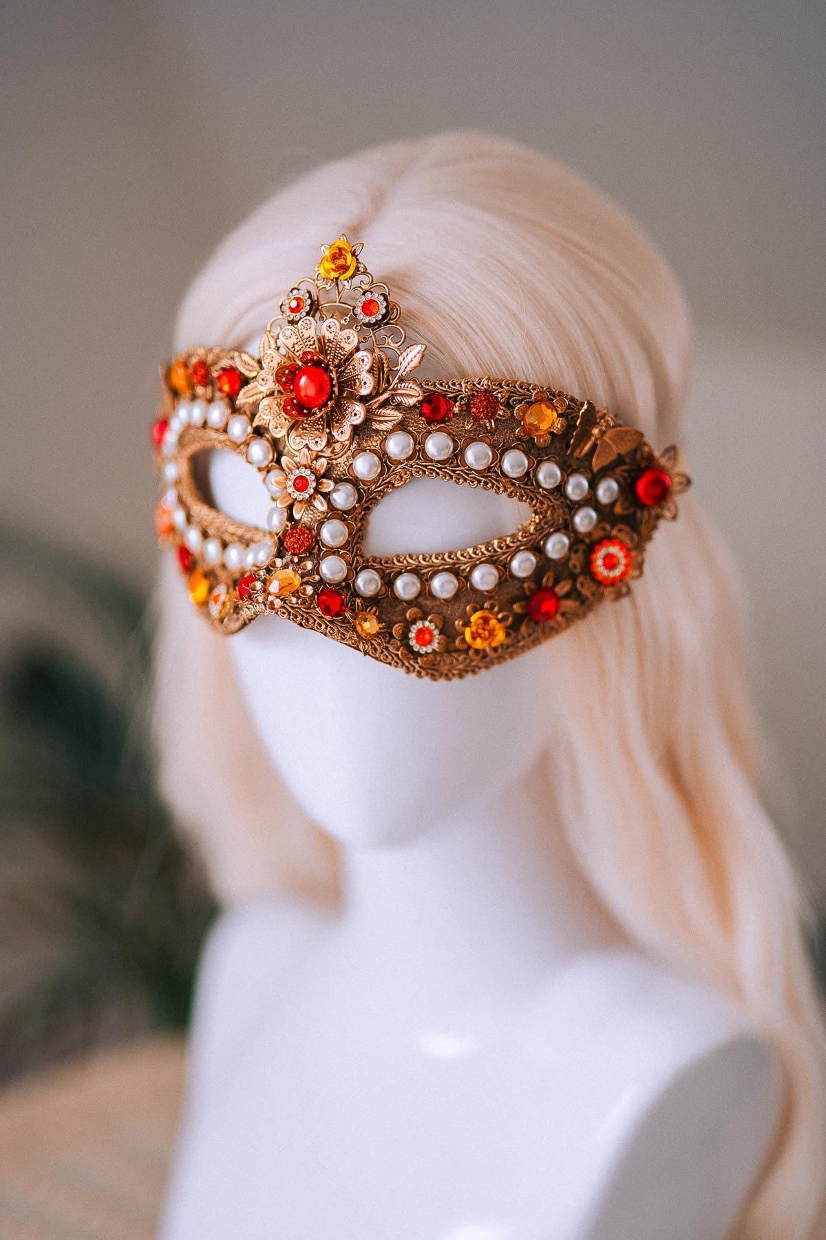 Golden Pearl Floral Masquerade Mask