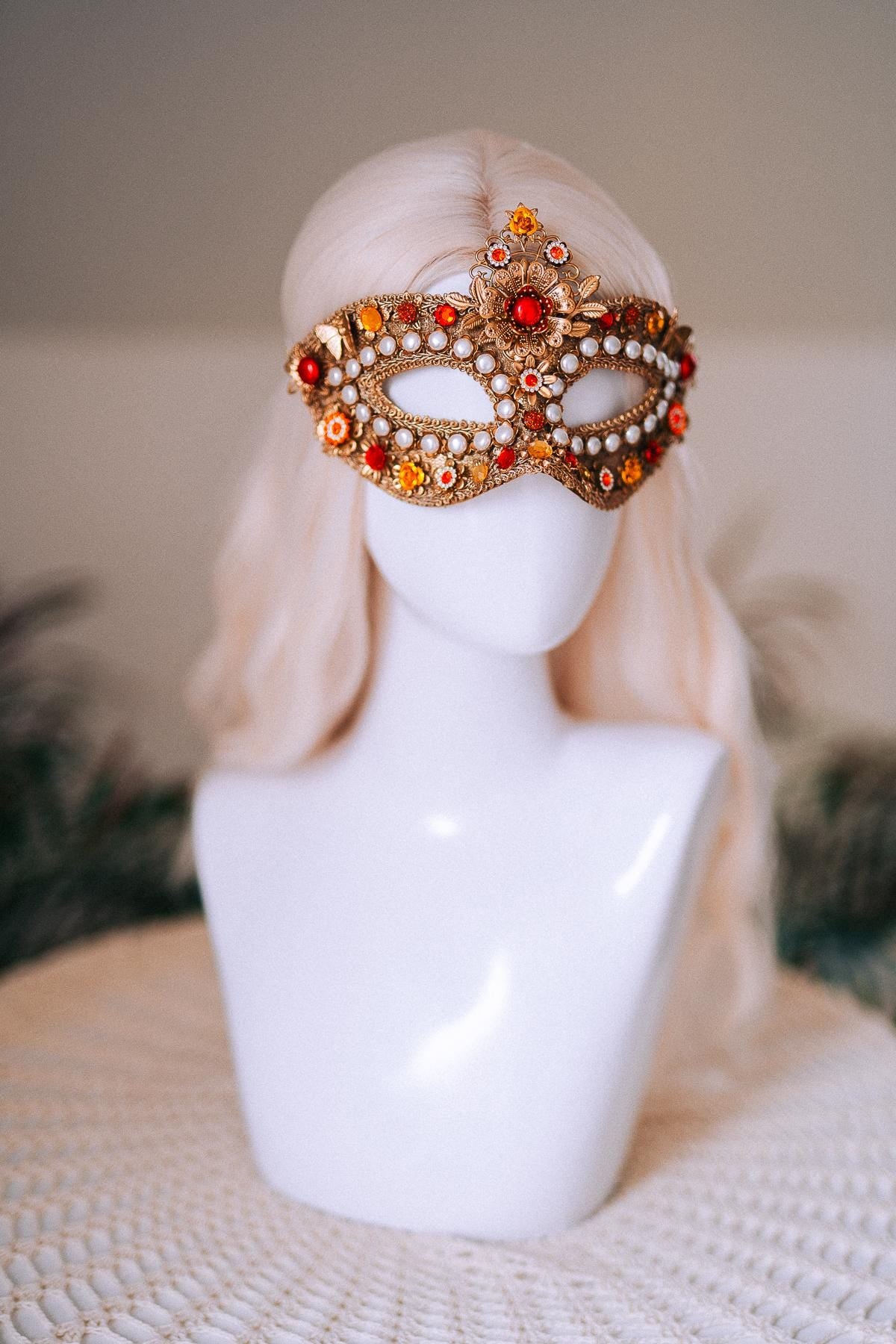 Golden Pearl Floral Masquerade Mask
