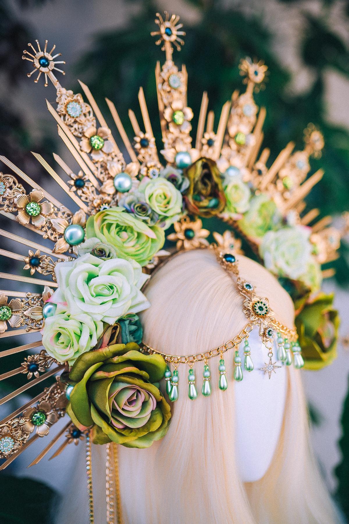Green Floral Goddess Halo Crown Gold Botanical Headpiece