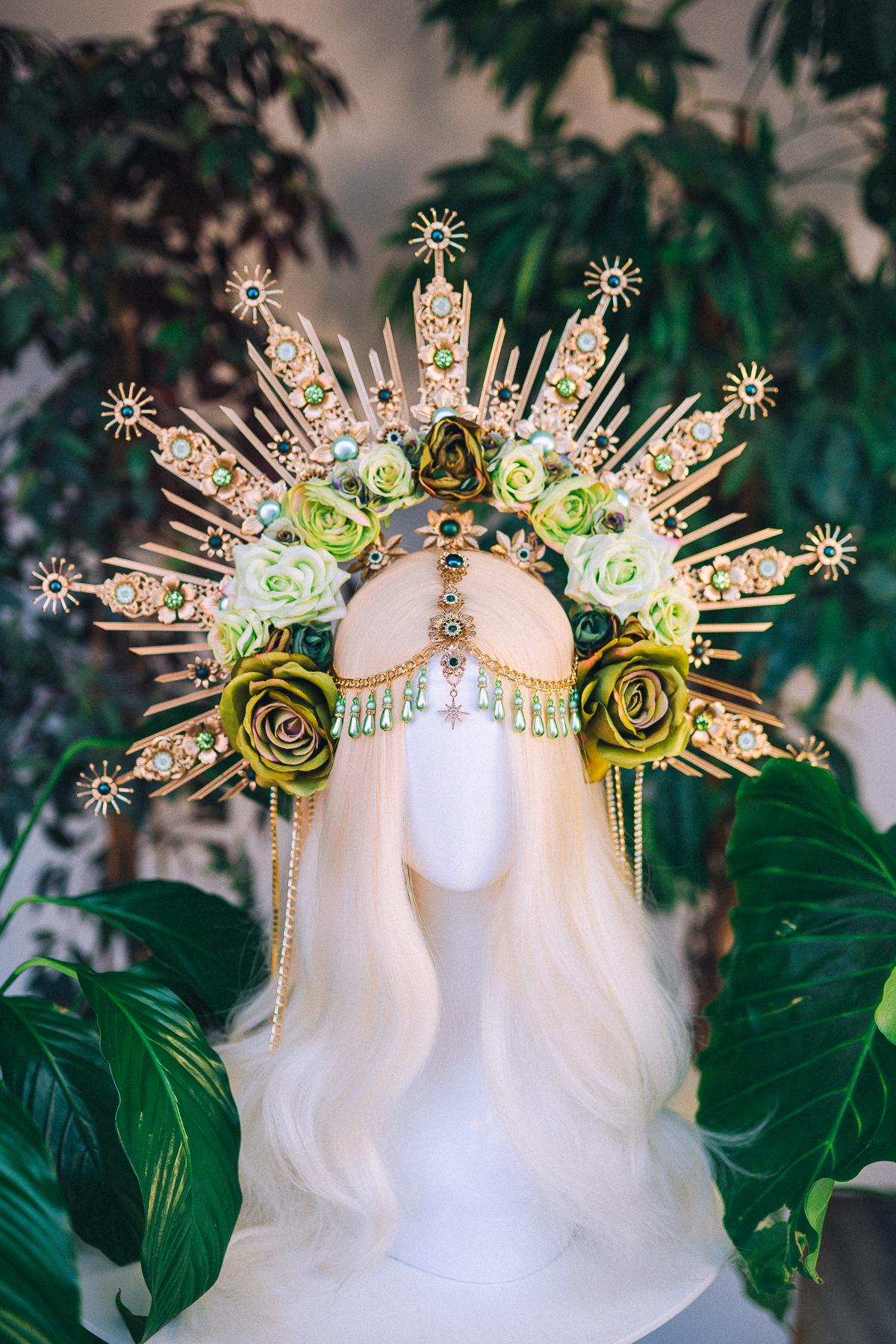 Green Floral Goddess Halo Crown Gold Botanical Headpiece