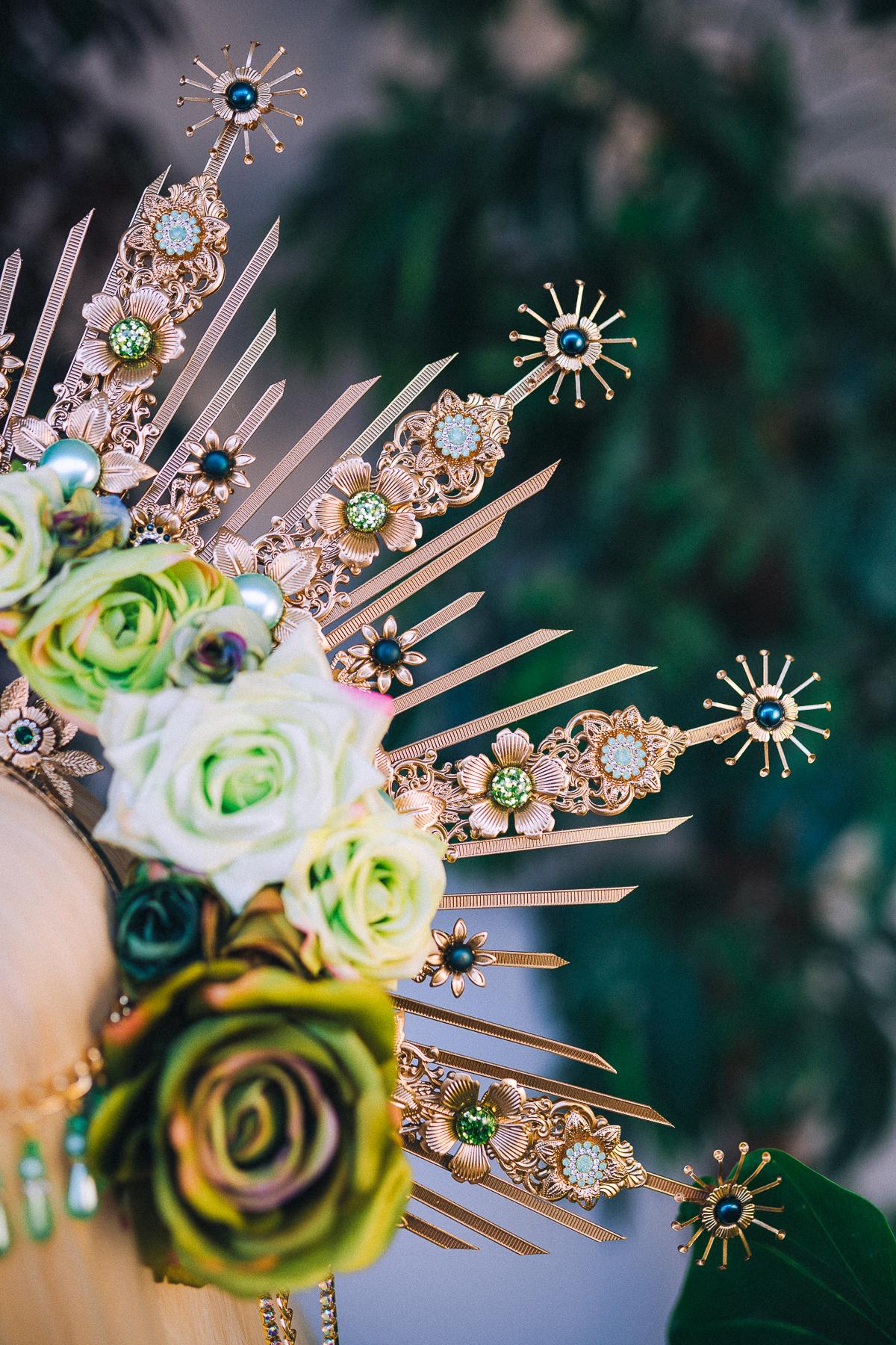 Green Floral Goddess Halo Crown Gold Botanical Headpiece