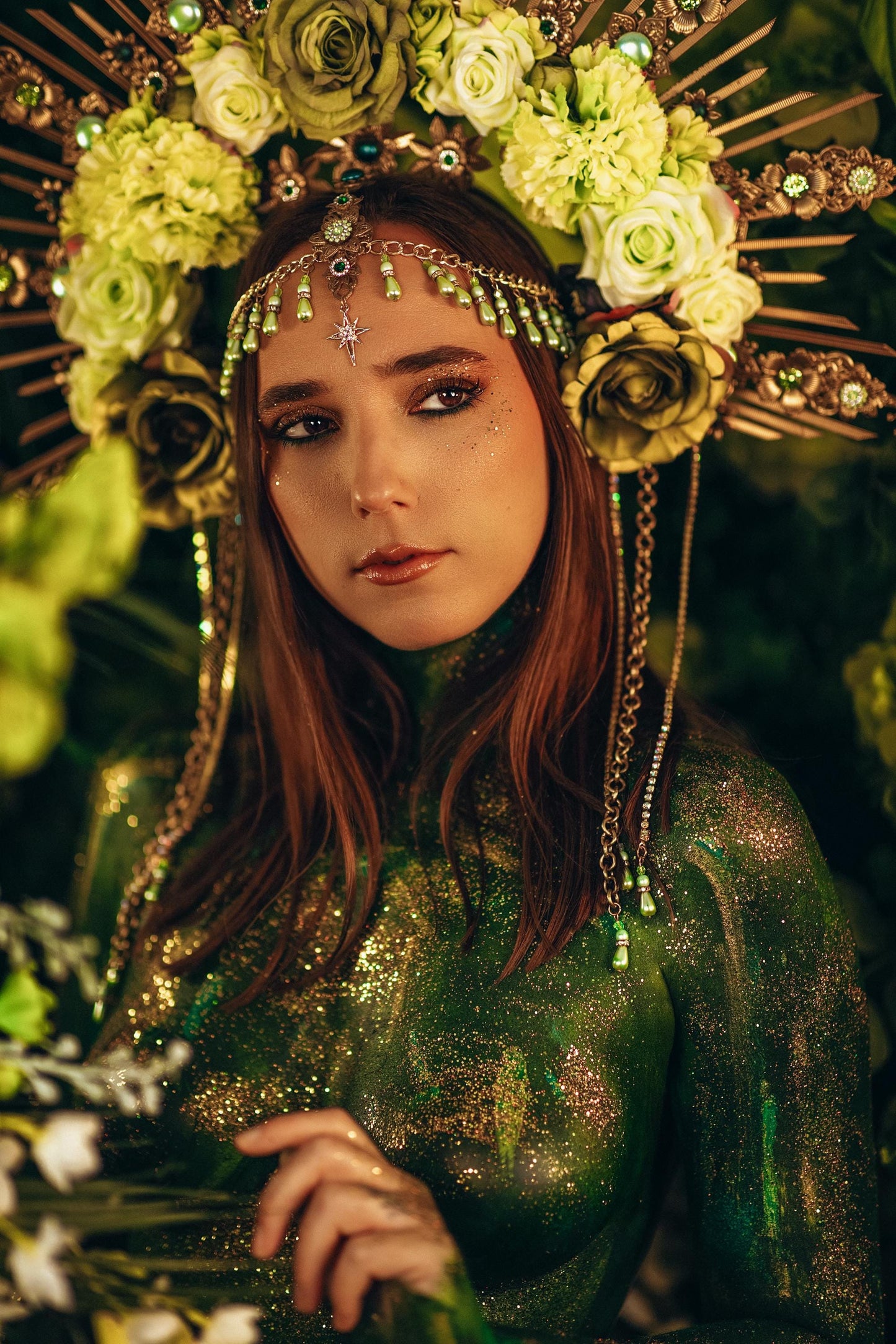 Green Floral Goddess Halo Crown Gold Botanical Headpiece