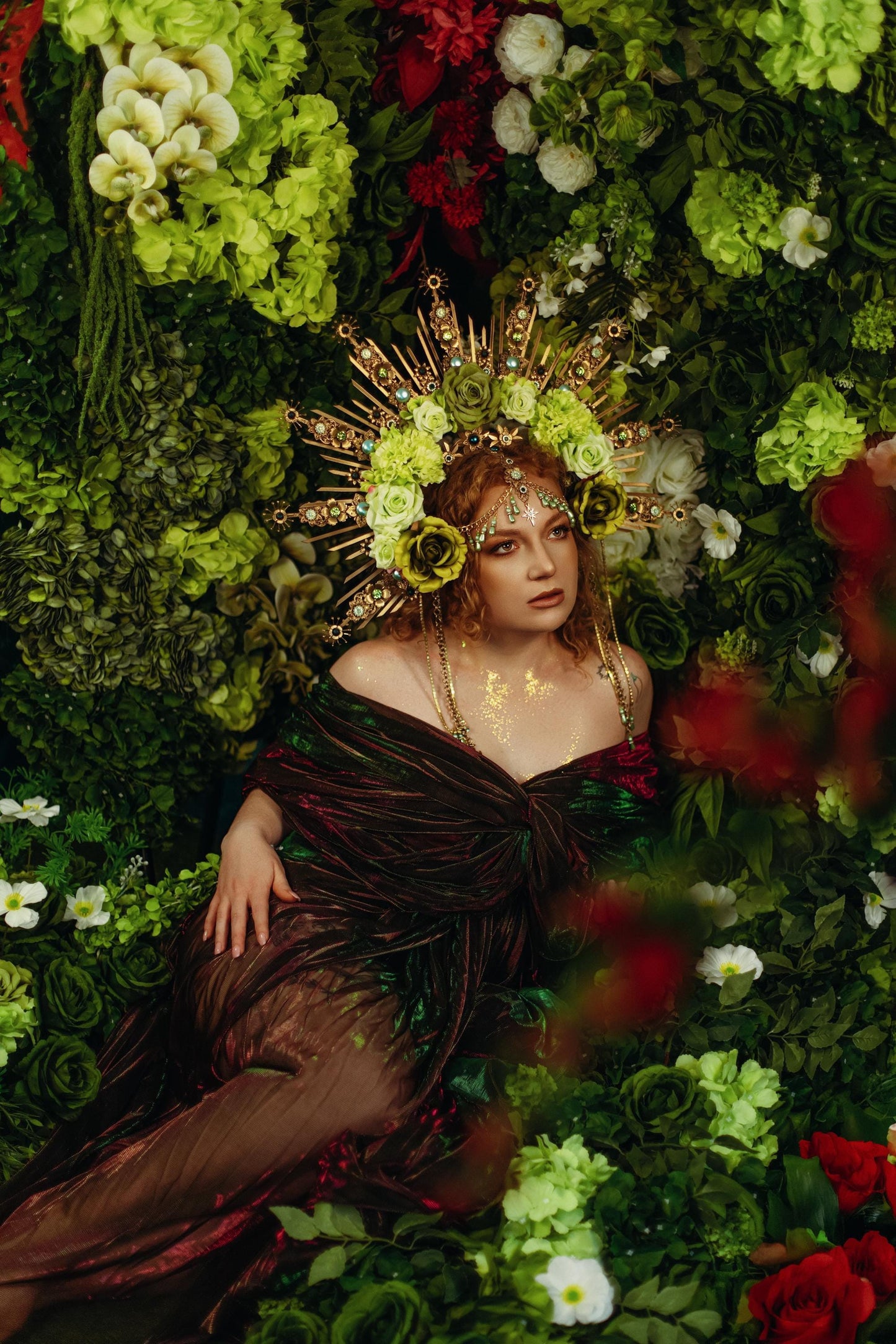 Green Floral Goddess Halo Crown Gold Botanical Headpiece