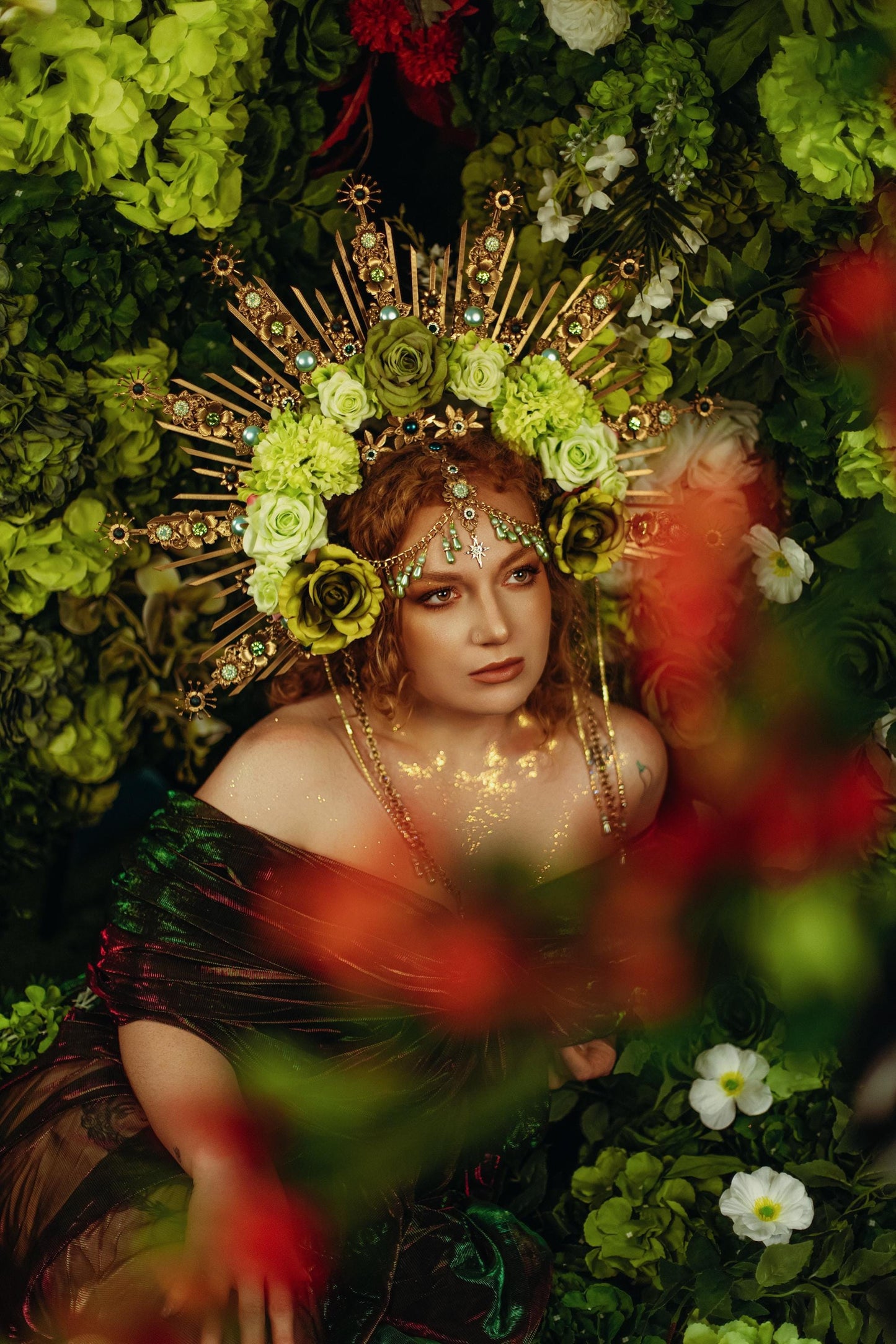 Green Floral Goddess Halo Crown Gold Botanical Headpiece