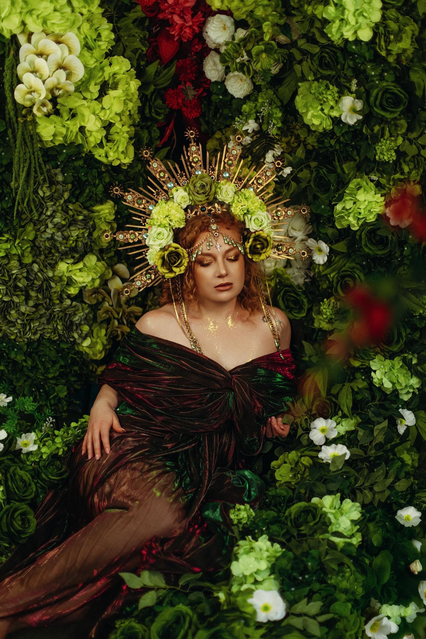 Green Floral Goddess Halo Crown Gold Botanical Headpiece