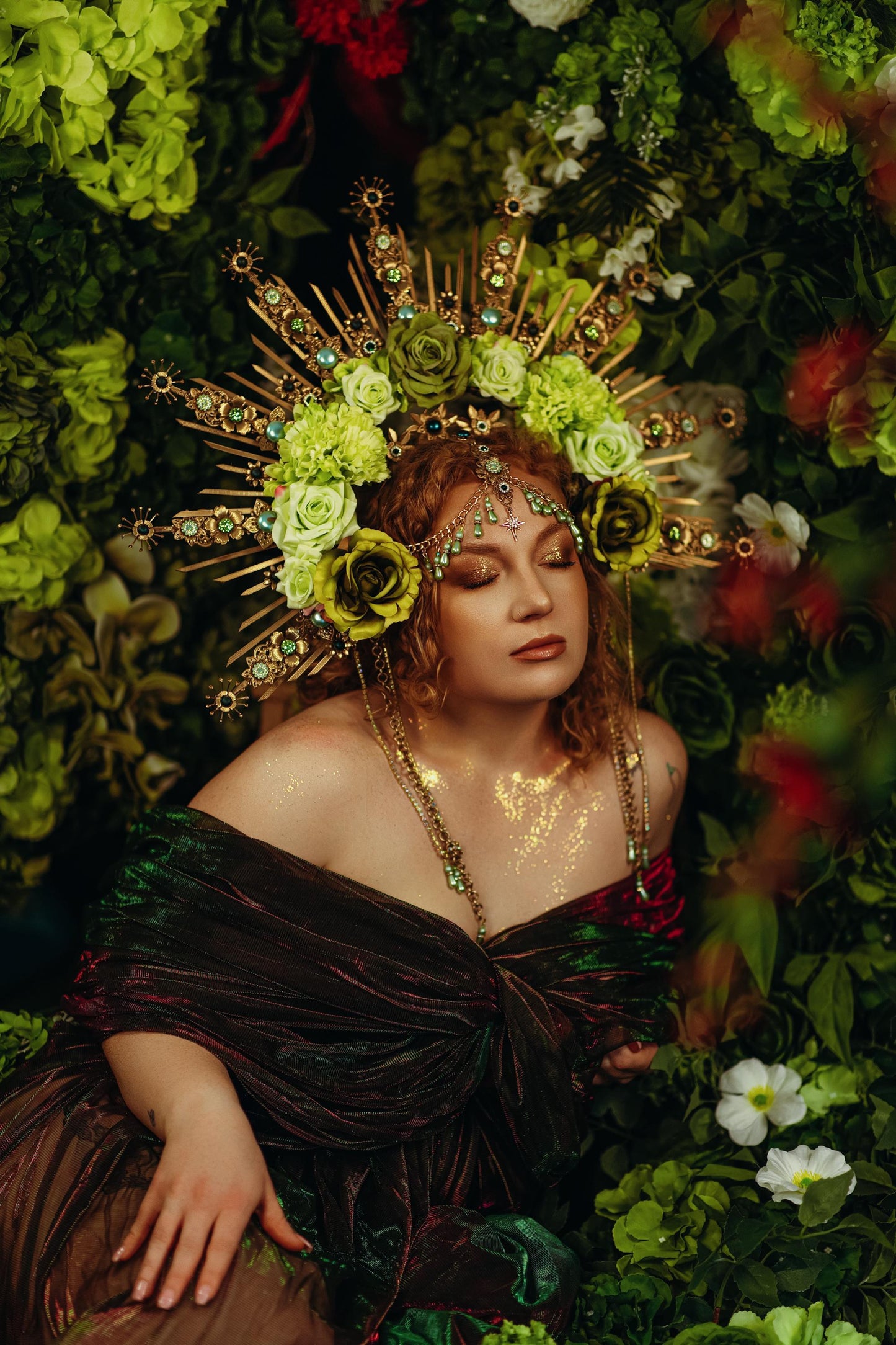 Green Floral Goddess Halo Crown Gold Botanical Headpiece