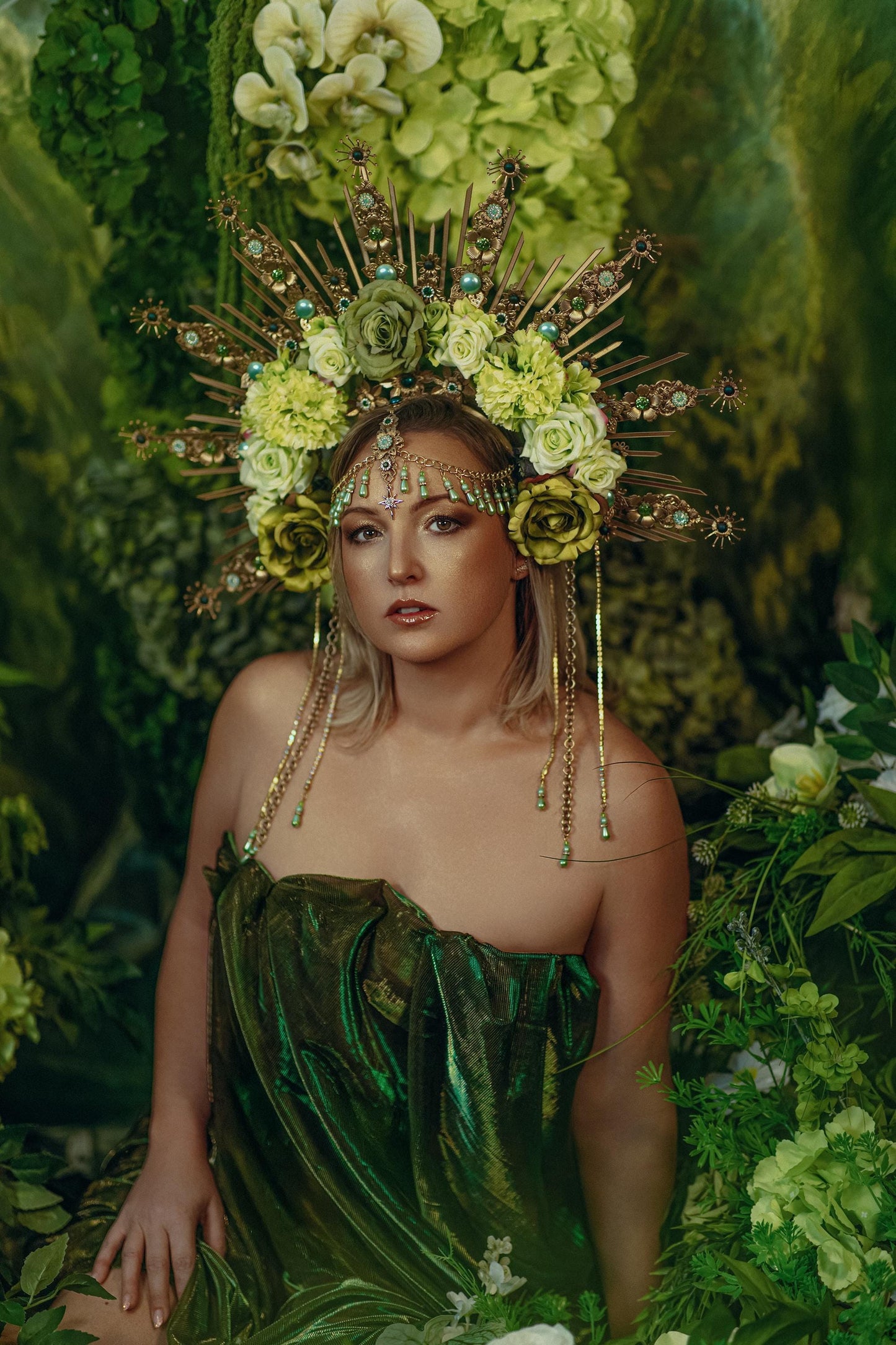 Green Floral Goddess Halo Crown Gold Botanical Headpiece