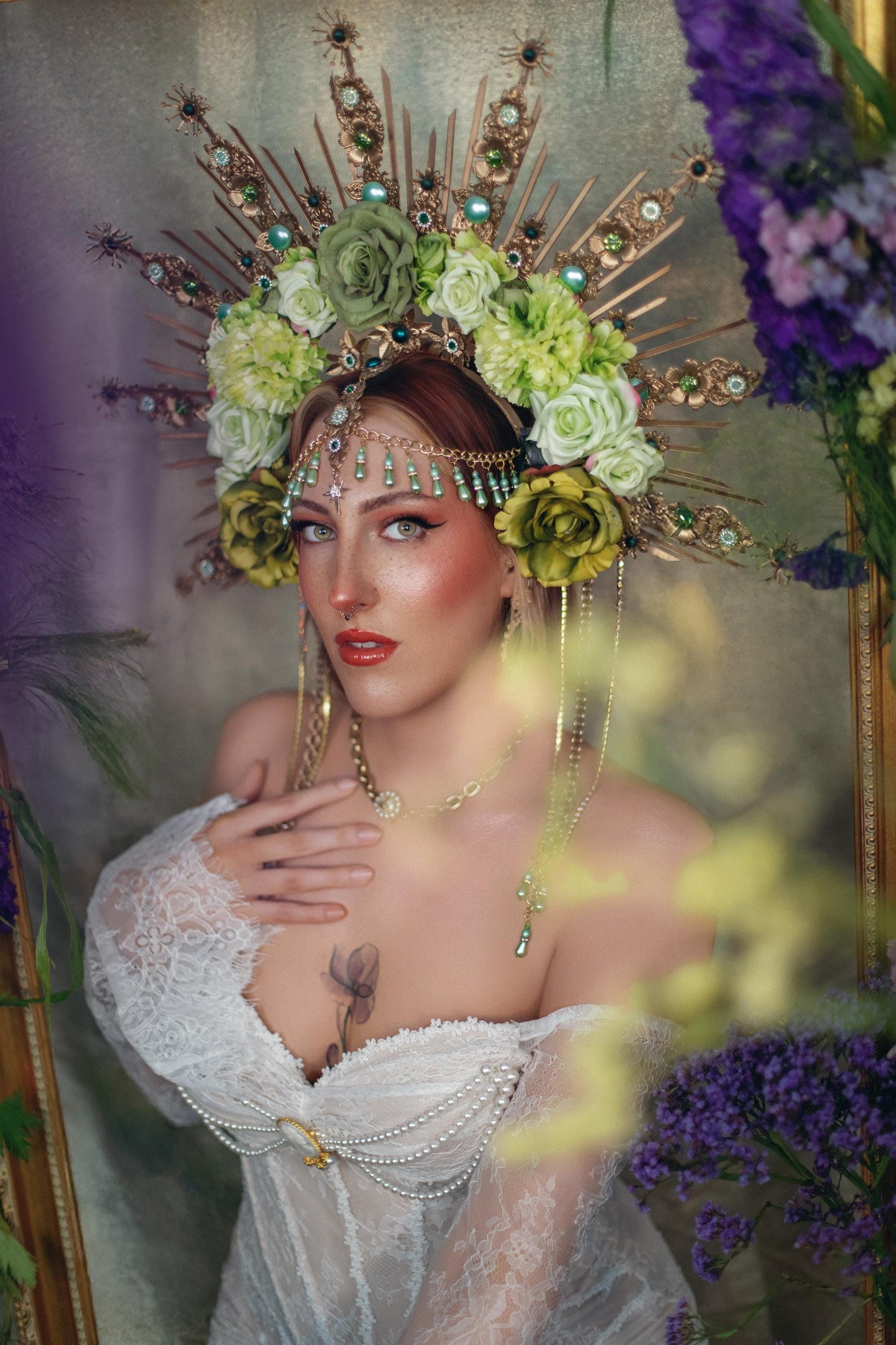 Green Floral Goddess Halo Crown Gold Botanical Headpiece