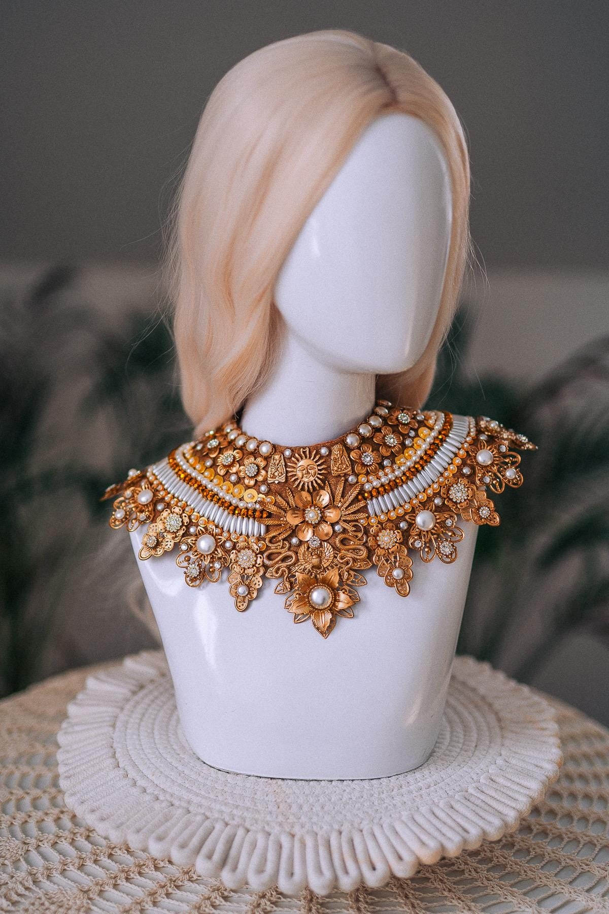 Cleopatra Sun Necklace Golden Egyptian Goddess Statement Jewelry