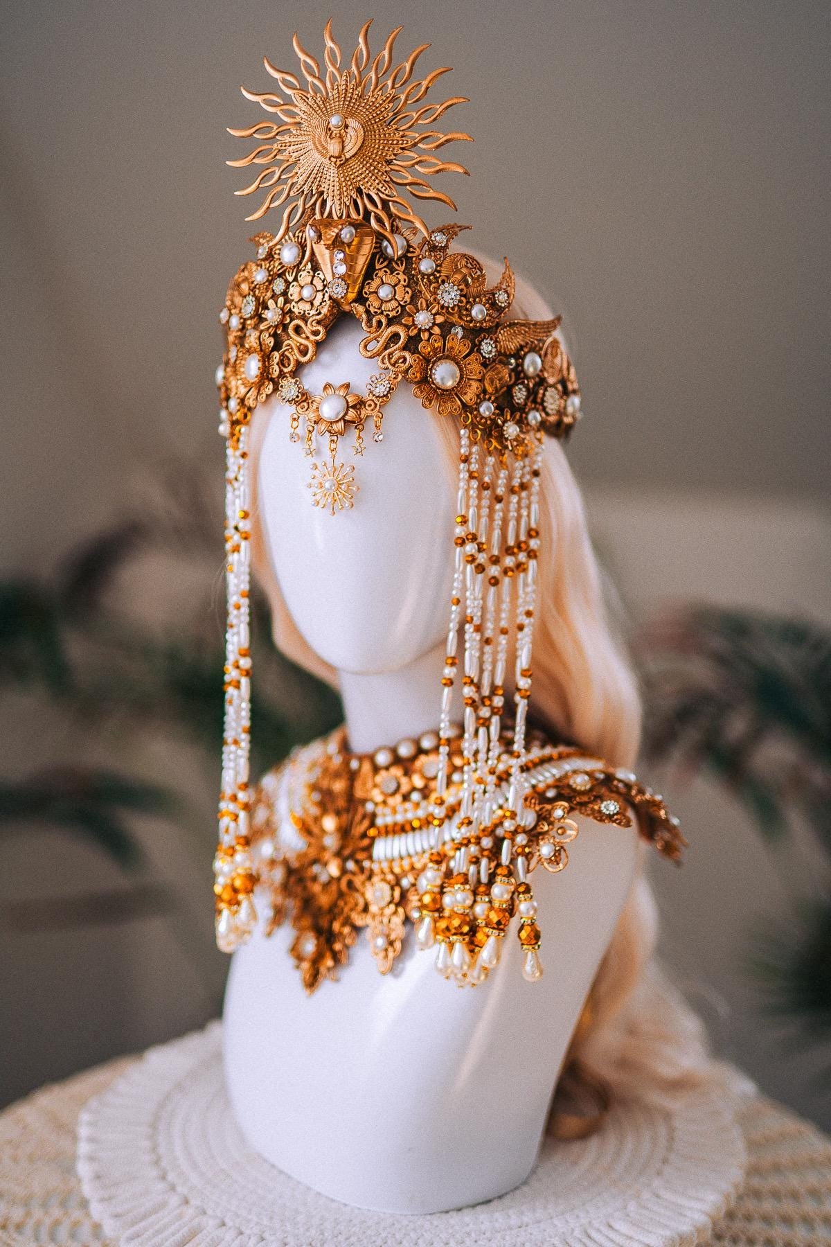 Cleopatra Sun Necklace Golden Egyptian Goddess Statement Jewelry