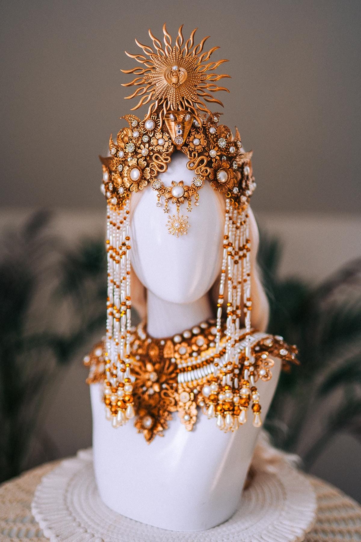 Cleopatra Sun Necklace Golden Egyptian Goddess Statement Jewelry