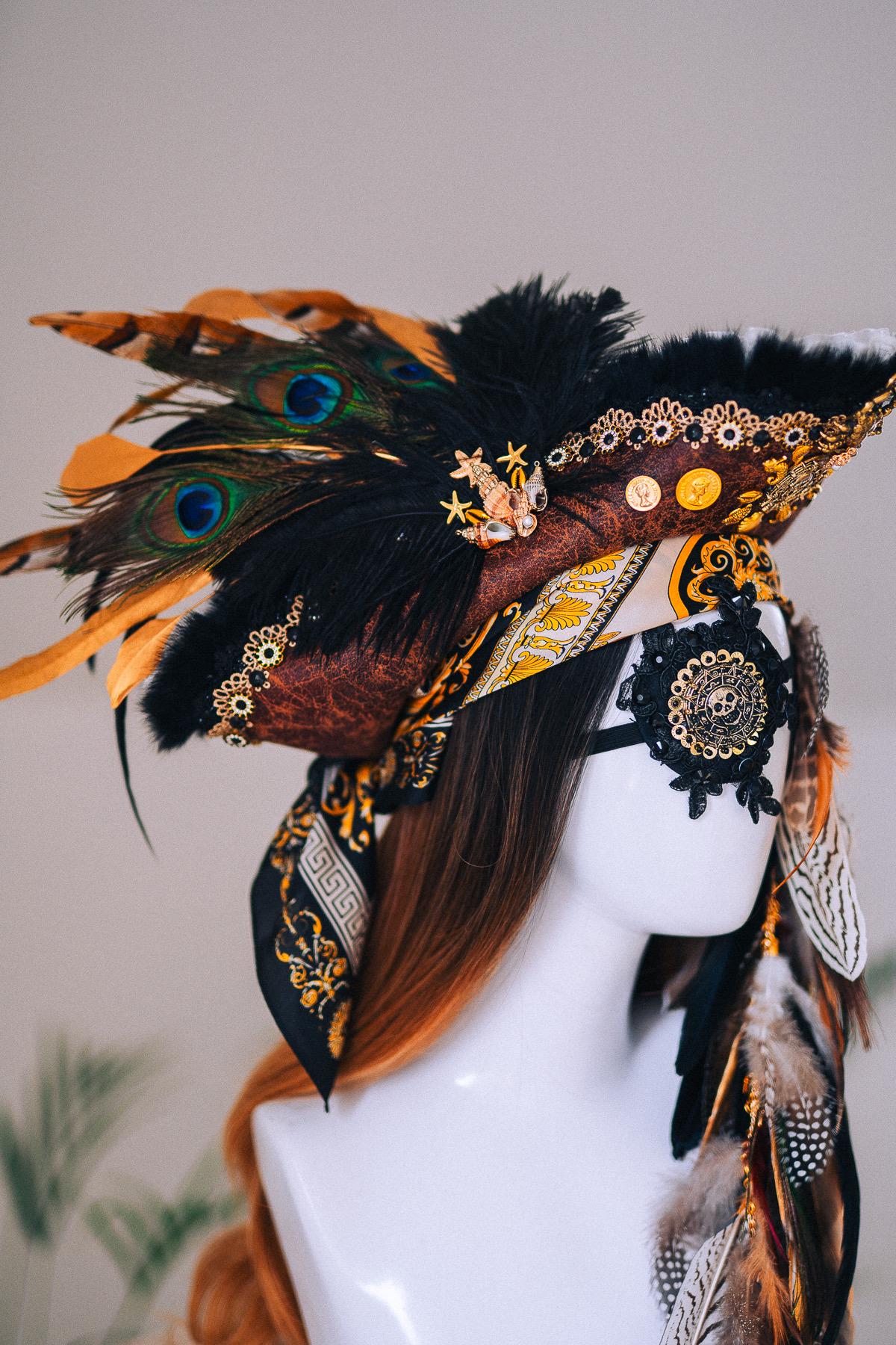 Pirate Tricorn Feather Hat Gothic Skull Costume Headpiece