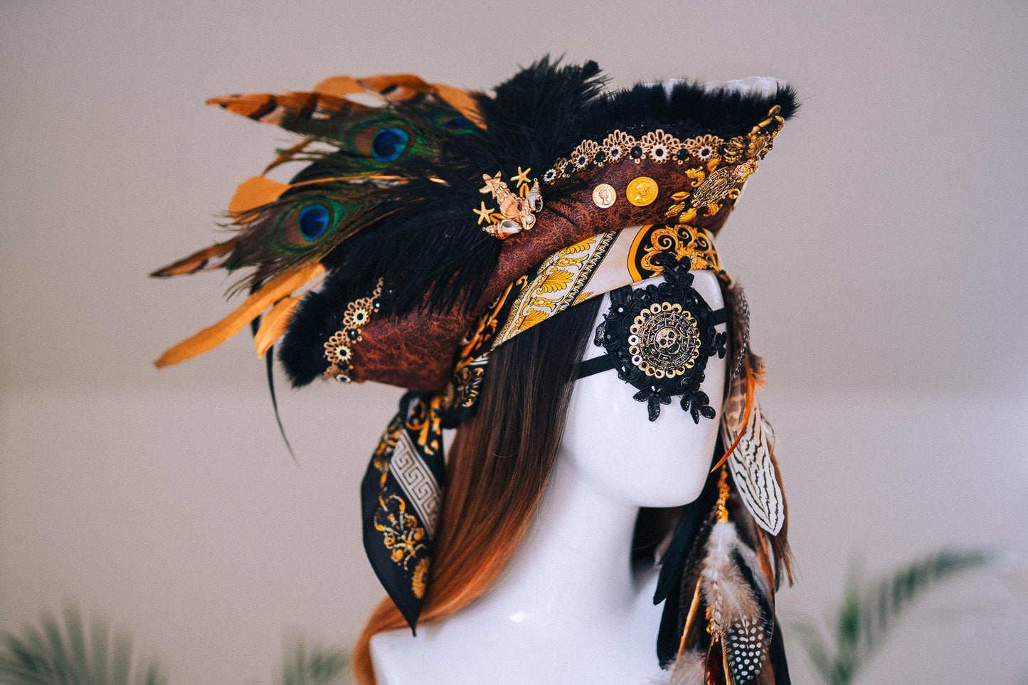 Pirate Tricorn Feather Hat Gothic Skull Costume Headpiece