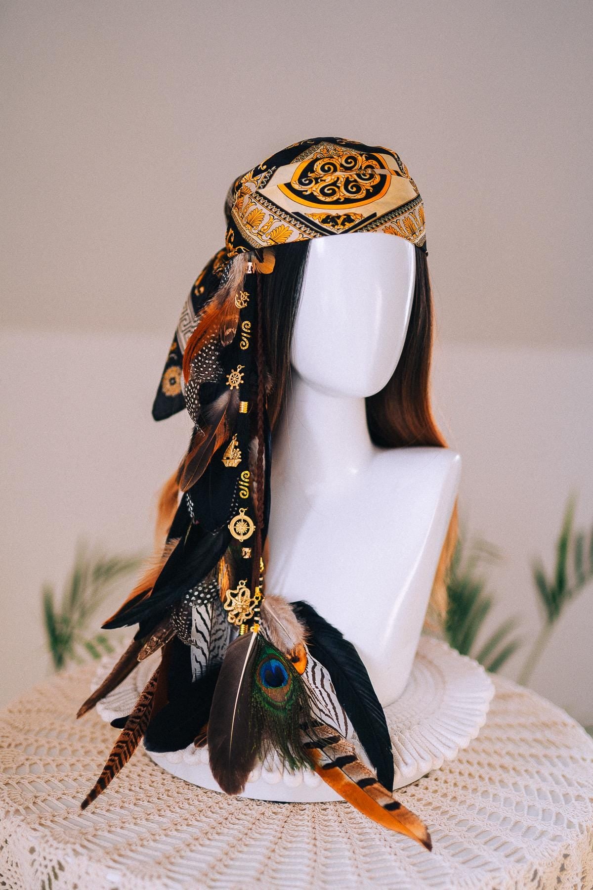 Pirate Tricorn Feather Hat Gothic Skull Costume Headpiece